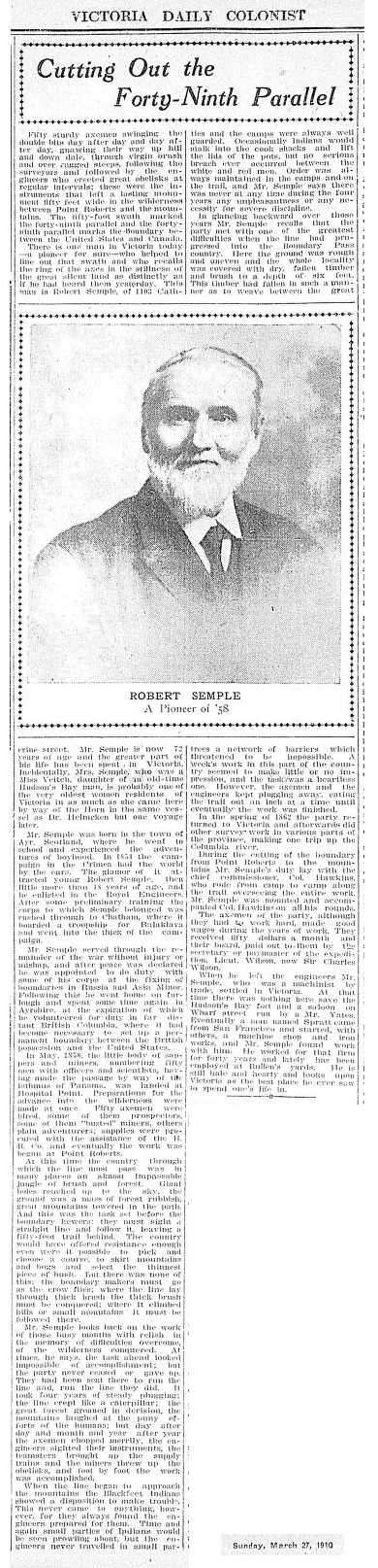 Robert Semple profile (1853 KB) 27 March 1910 Published in the Victoria Daily Colonist. (Click on Picture to View Full Size) picture