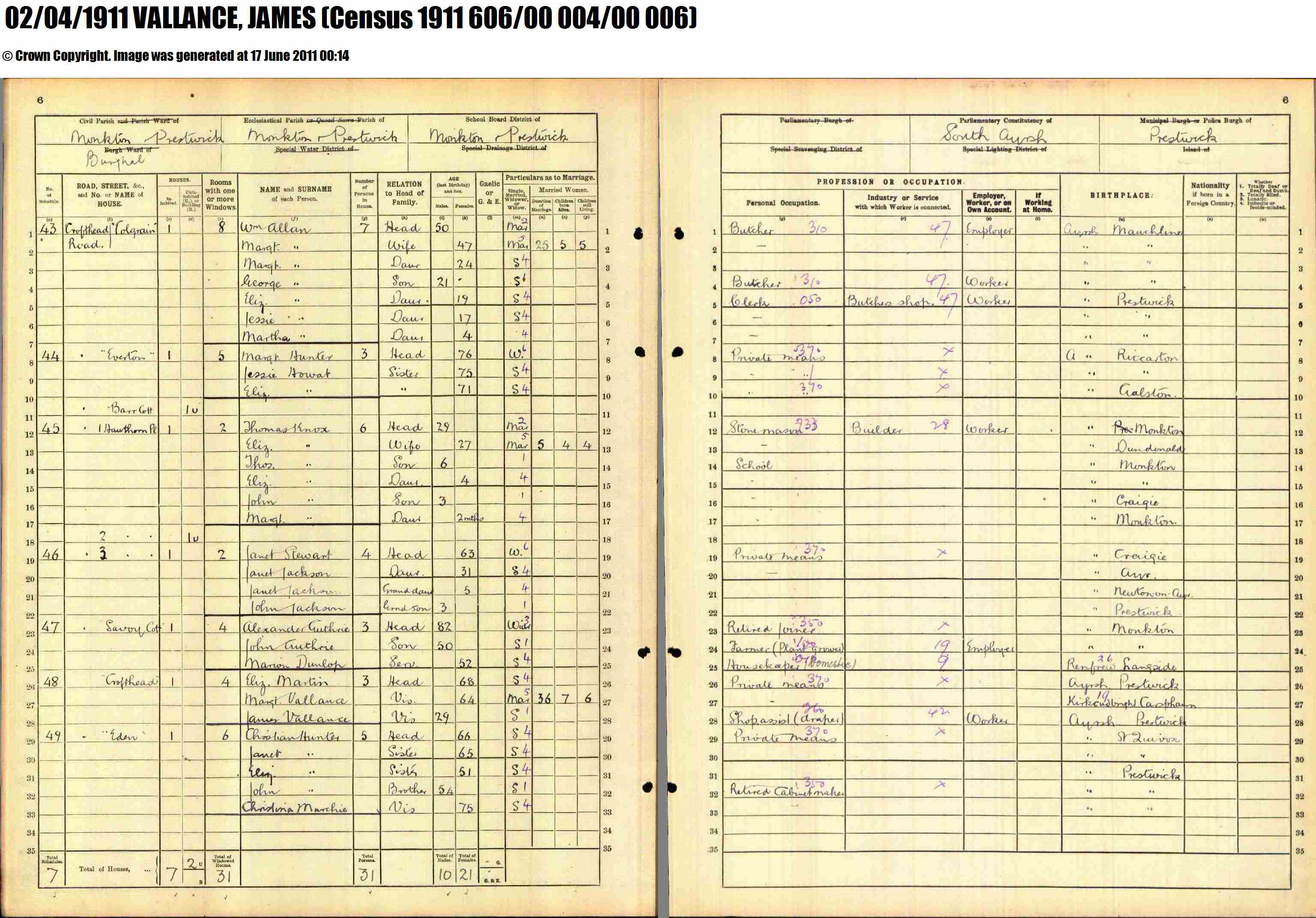 1911 Census - James Vallance & Margt (Dickson) Vallance Visiting Prestwick (19287 KB) (Click on Picture to View Full Size) picture