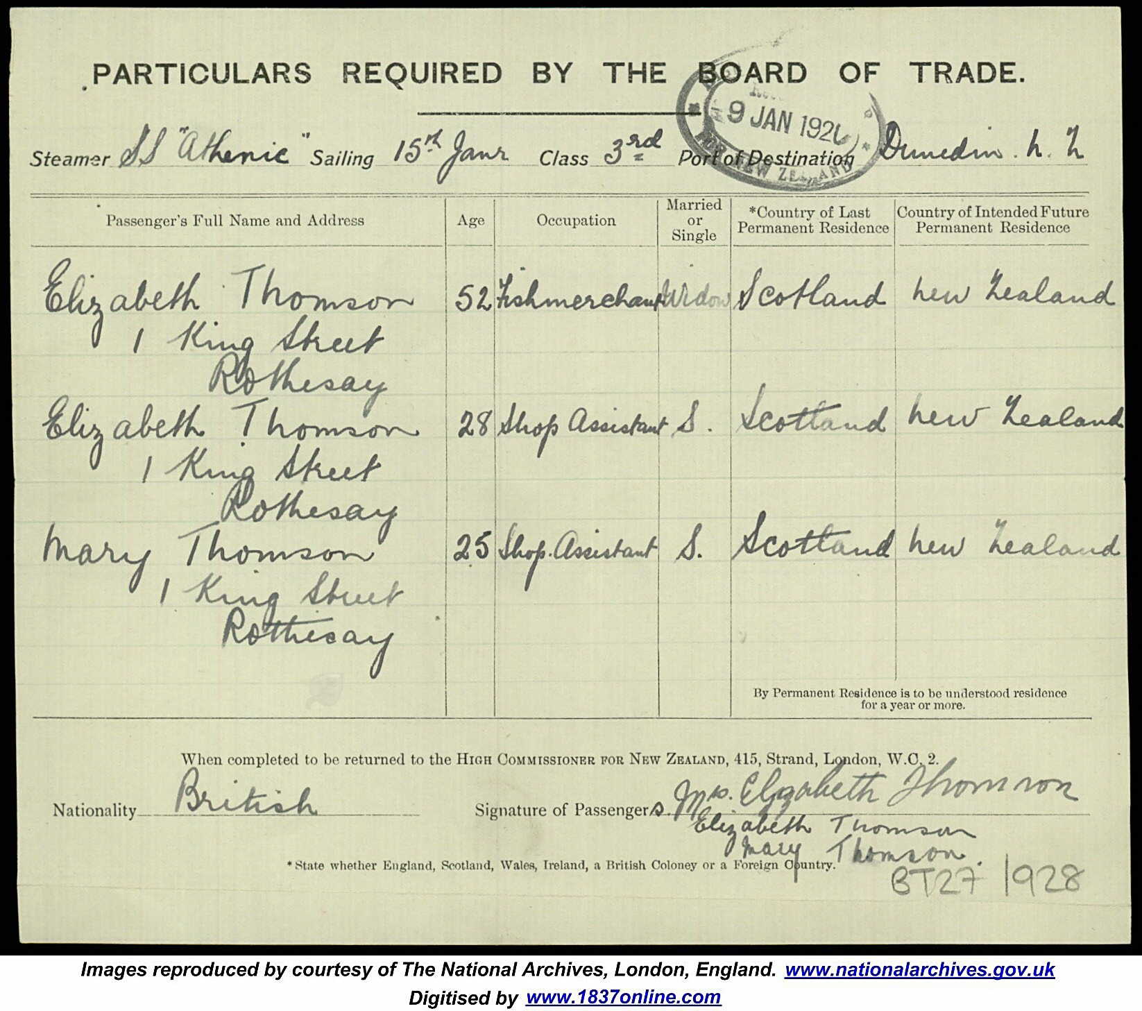 The Thomson family departs for New Zealand (7034 KB) 15 January 1920 Travel document for Elizabeth (Jeffrey) Thomson and her daughters on their emigration to New Zealand. (Click on Picture to View Full Size) picture