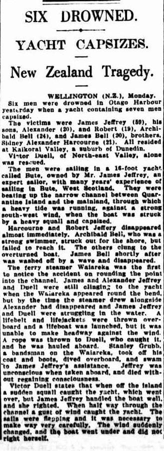 Article from the Sydney Morning Herald (288 KB) 13 November 1928 James Jeffrey and his sons, Robert and Alexander Jeffrey, drown in Otago Harbour, along with 3 other men. (Click on Picture to View Full Size) picture