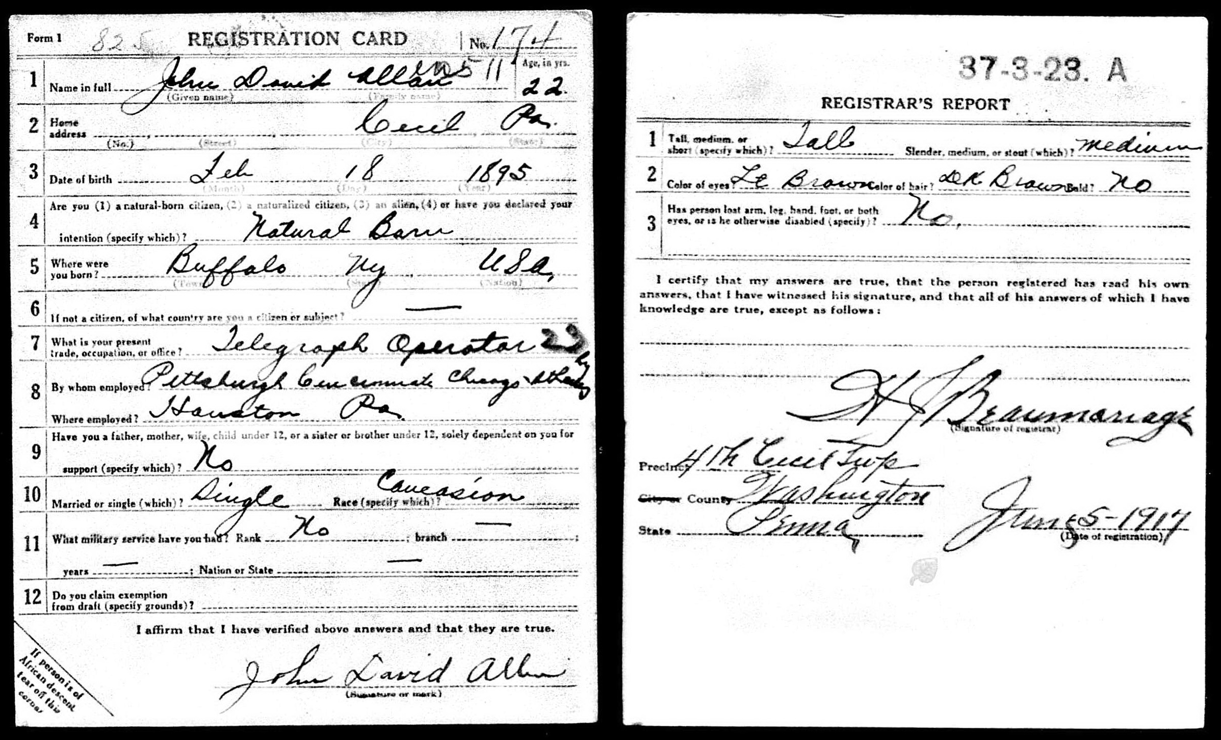 draft card (3400 KB) 1917 John David Allan/Allen — WWI draft registration card (Click on Picture to View Full Size) picture