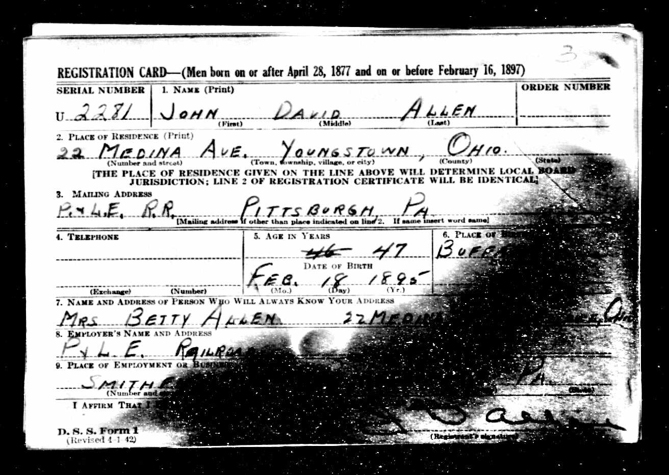John David Allen WW2 draft registration card (front) (1194 KB) 1942 John David Allen b. 18 Feb 1895 — WW2 draft registration card (front) (Click on Picture to View Full Size) picture