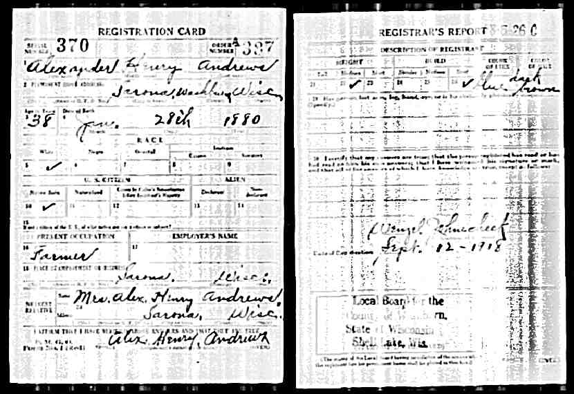 Alex Henry Andrews draft reg (1389 KB) 1918 WWI draft registration card (Click on Picture to View Full Size) picture