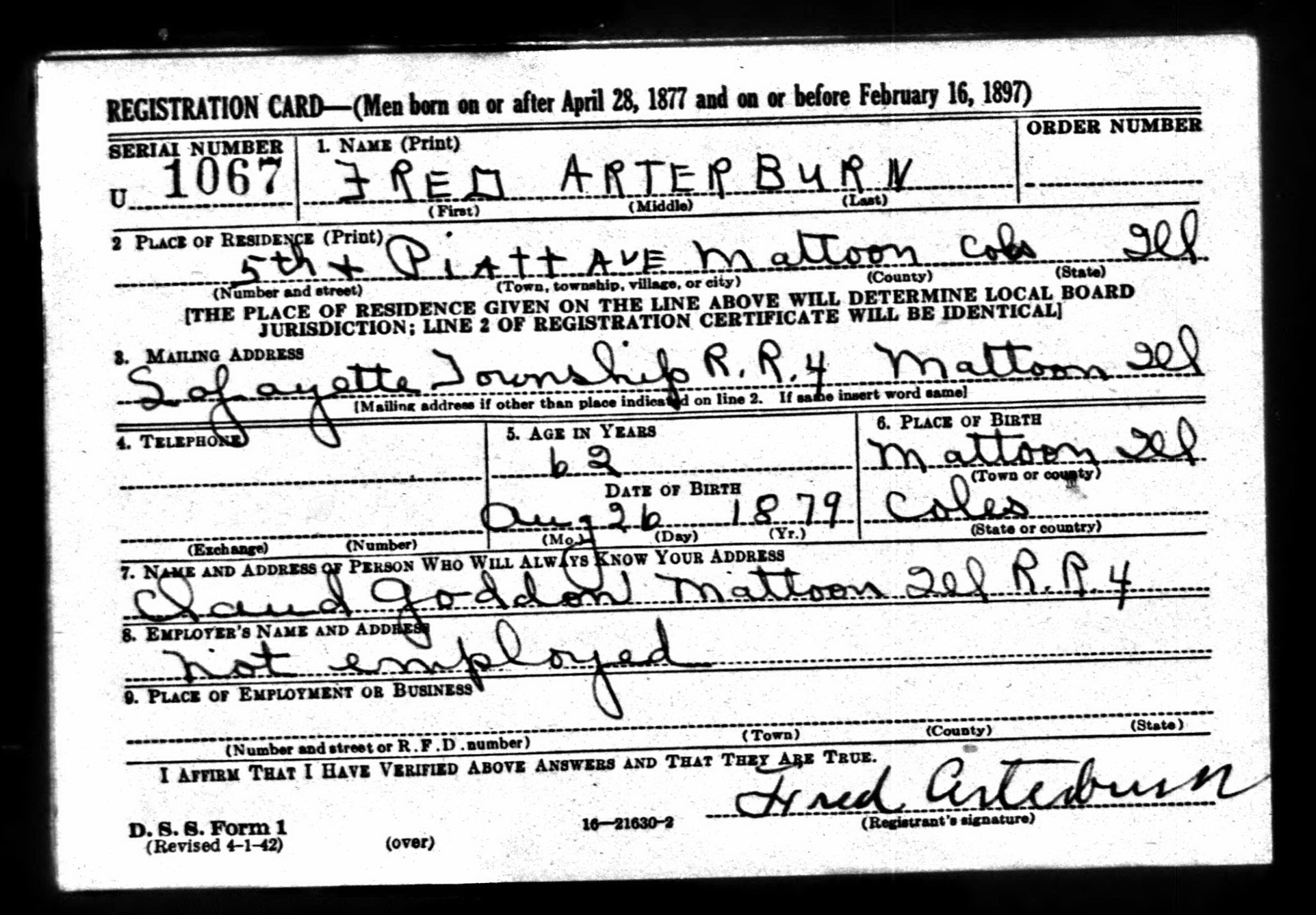 Fred Arterburn WW2 draft registration card (front) (4008 KB) 27 April 1942 Fred Arterburn, b. 26 Aug 1879 — WW2 draft registration card (front) (Click on Picture to View Full Size) picture