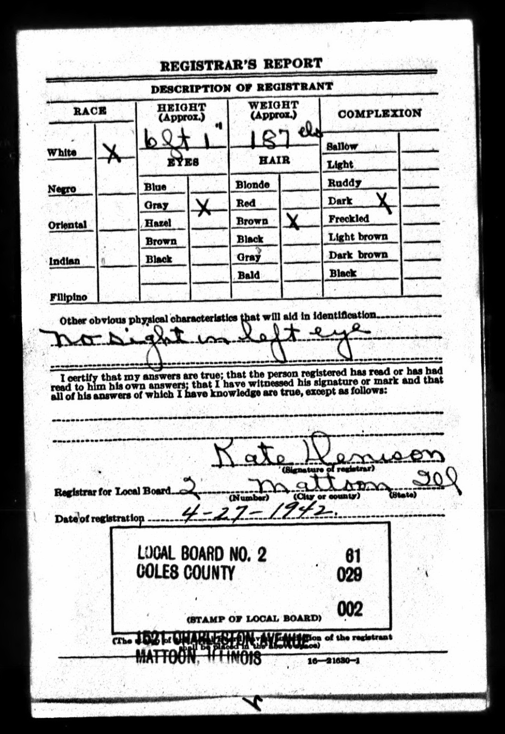 Fred Arterburn WW2 draft registration card (back) (4061 KB) 27 April 1942 Fred Arterburn, b. 26 Aug 1879 — WW2 draft registration card (back side) (Click on Picture to View Full Size) picture