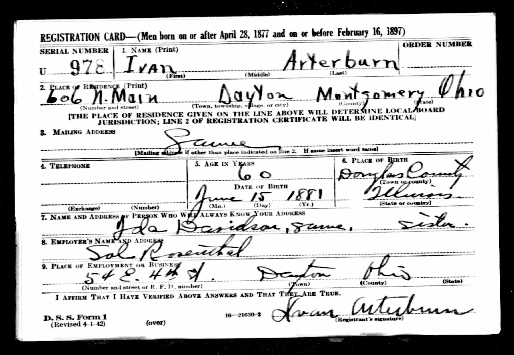 Ivan Arterburn WW2 draft registration card (front) (2186 KB) 26 April 1942 Ivan Arterburn, b. 15 June 1881 — WW2 draft registration card (front) (Click on Picture to View Full Size) picture