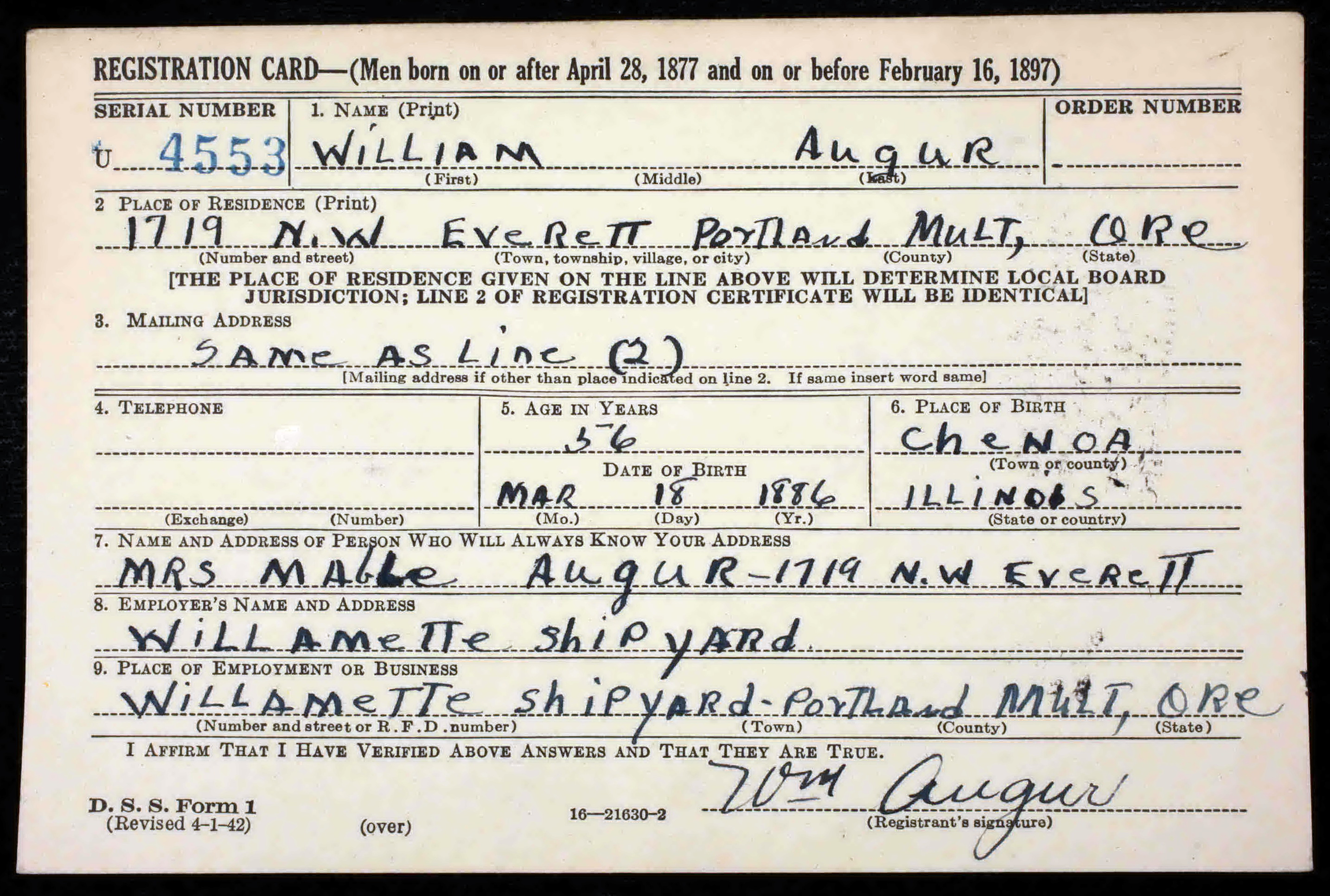 William Augur WW2 draft registration card (front) (16241 KB) 25 April 1942 William Augur, b. 18 March 1886 — WW2 draft registration card (front) (Click on Picture to View Full Size) picture