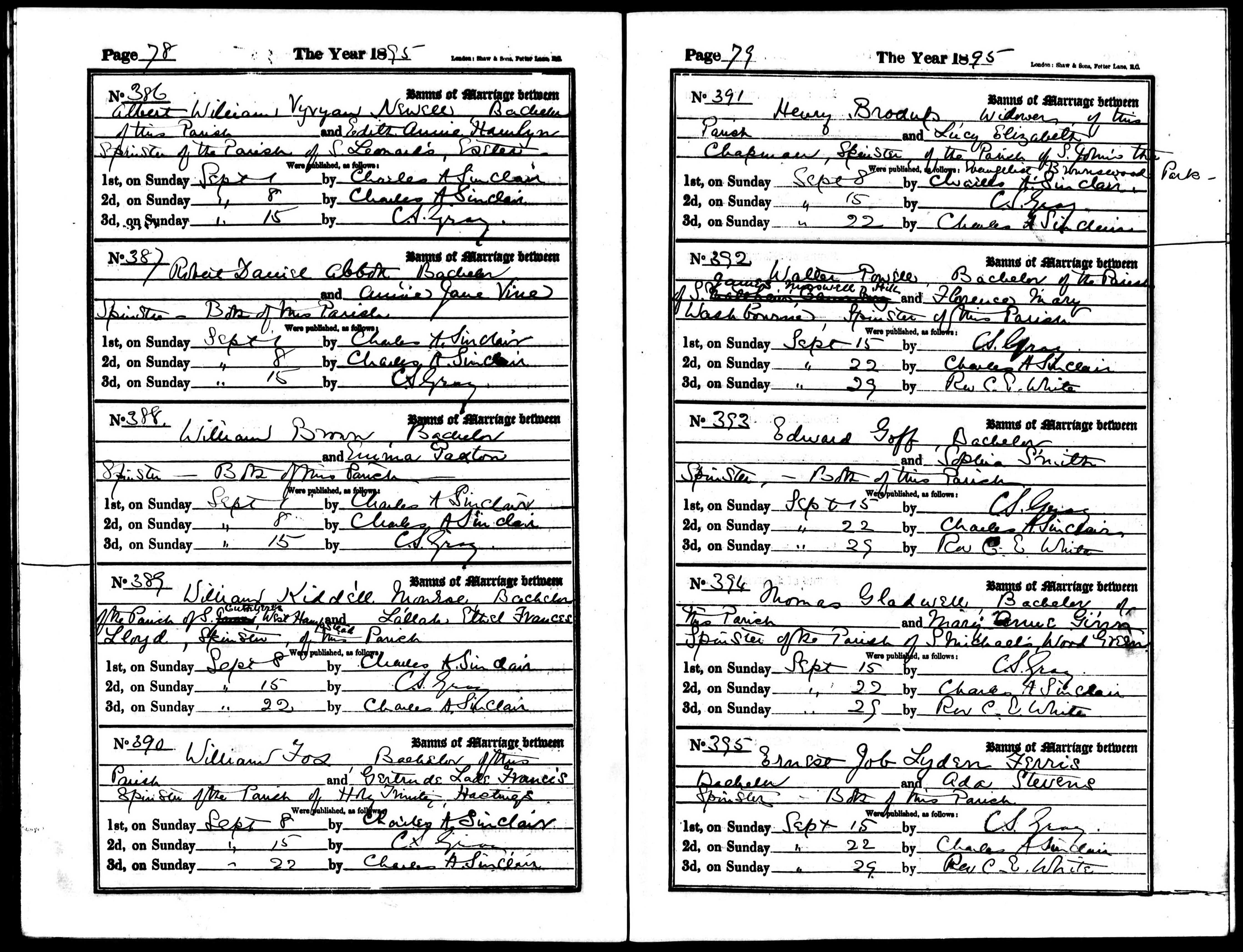 Marriage banns between William Kiddell Monroe and Lallah Ethel Frances Lloyd at Hornsey Rise Parish in Islington (15006 KB) 1843 Hornsey Rise, Islington, Middlesex , England (Click on Picture to View Full Size) picture