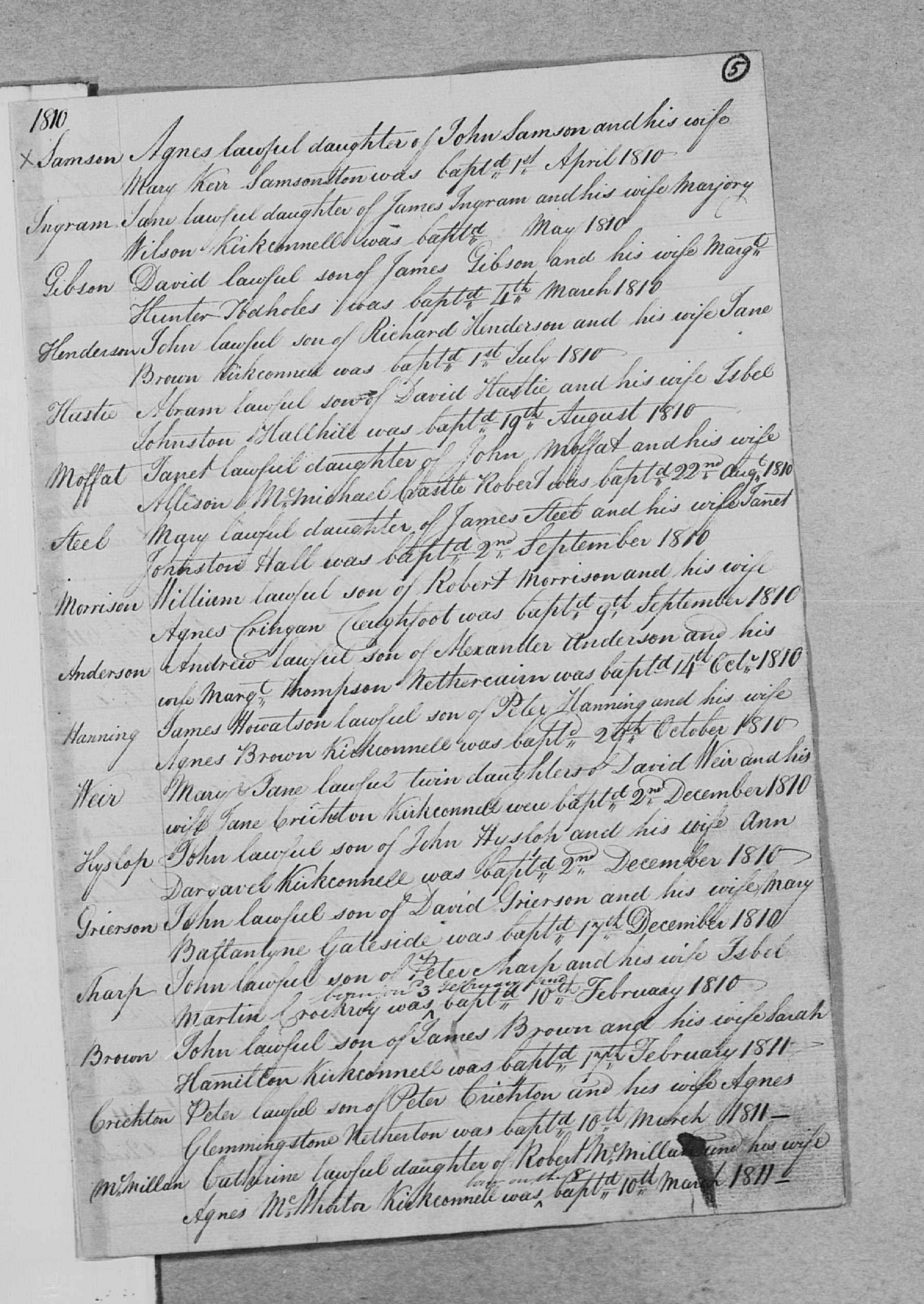 James Howatson Hanning baptismal record (13272 KB) 1810 Baptism of James Howatson Hanning on 29 Oct 1810 as recorded in the Kirkconnel Parish register (Click on Picture to View Full Size) picture