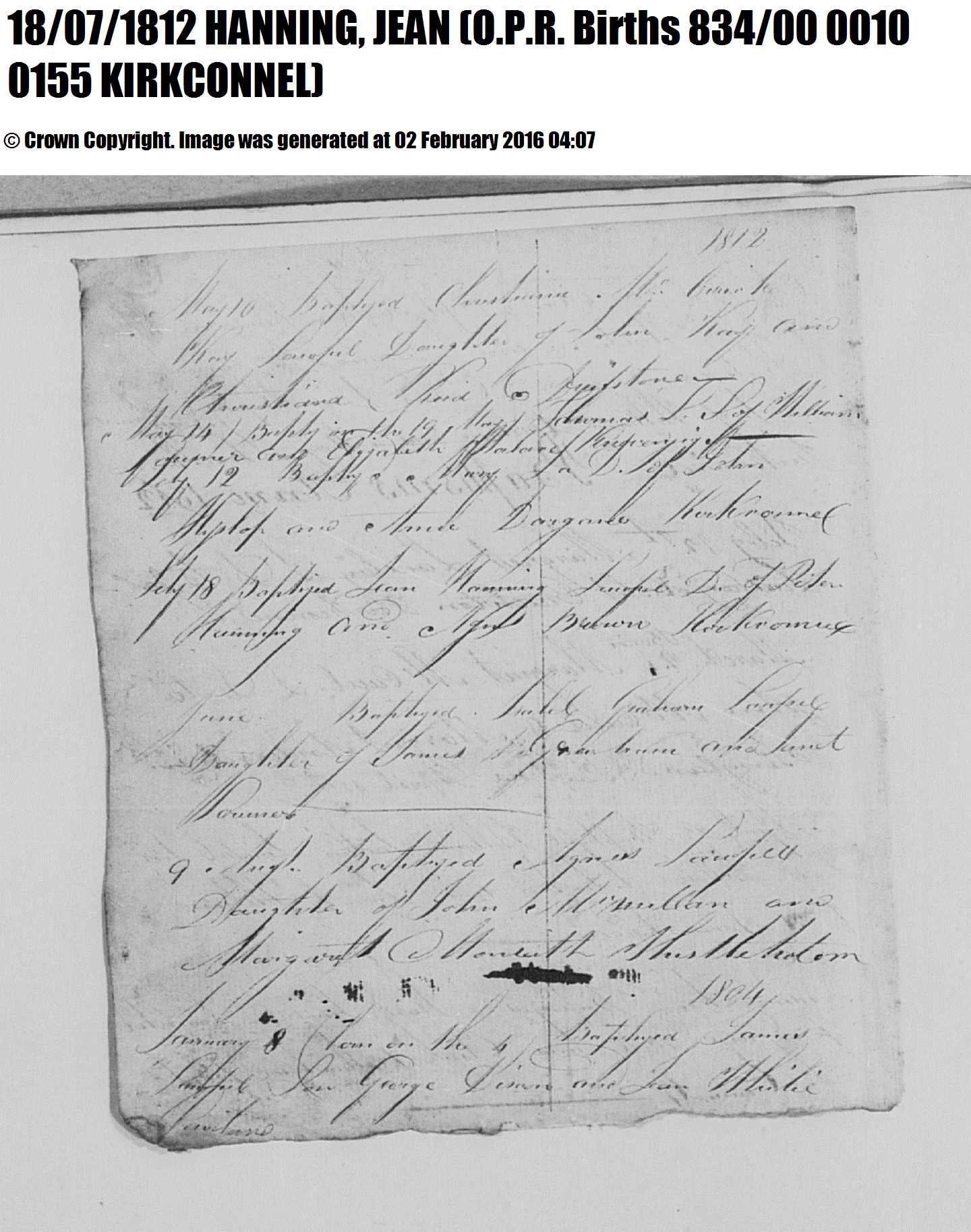 Jean Hanning baptismal record (7711 KB) 1812 Baptism of Jean Hanning on 18 July 1812 as recorded in the Kirkconnel Parish register (Click on Picture to View Full Size) picture