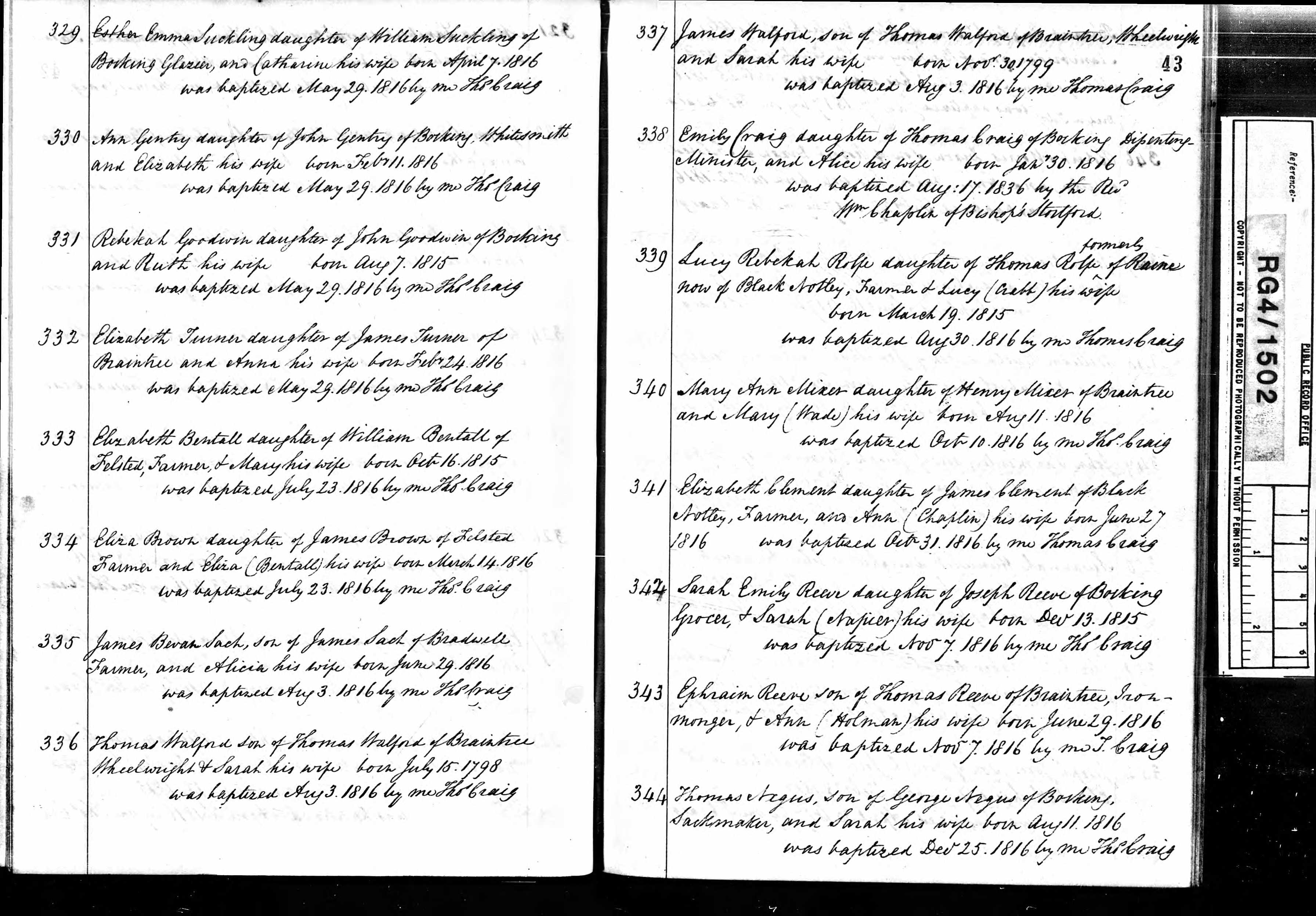 Emily Craig birth record in the Bocking register (8736 KB) 1816 Emily Craig, b. 30 Jan 1816 in Bocking and bap. 17 Aug 1816 in Bishops Stortford, daughter of Thomas Craig and wife Alice (Bocking register) (Click on Picture to View Full Size) picture
