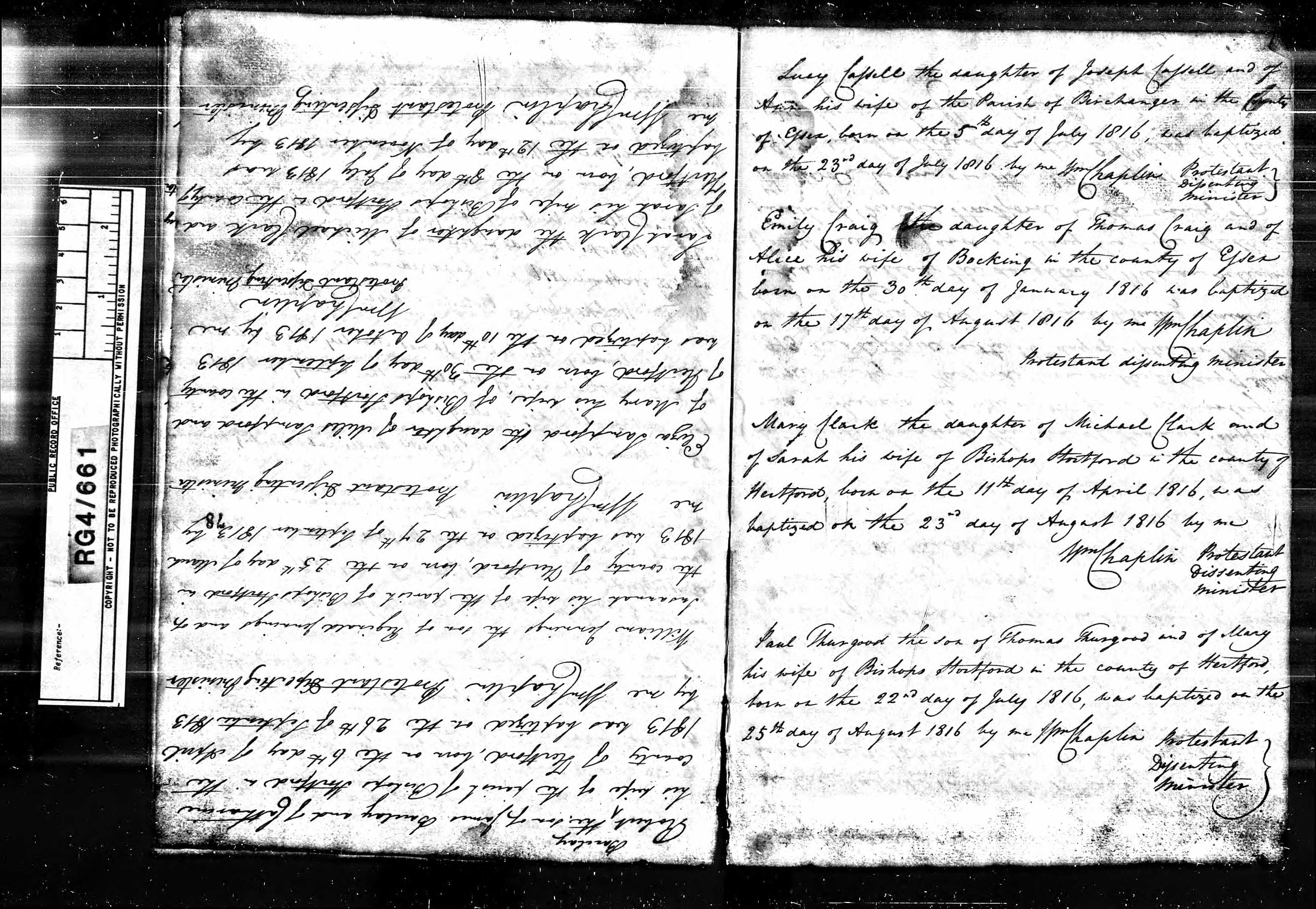 Emily Craig birth record in the Bishops Stortford register (10455 KB) 1816 Emily Craig, b. 30 Jan 1816 in Bocking and bap. 17 Aug 1816 in Bishops Stortford, daughter of Thomas Craig and wife Alice (Bishops Stortford register) (Click on Picture to View Full Size) picture