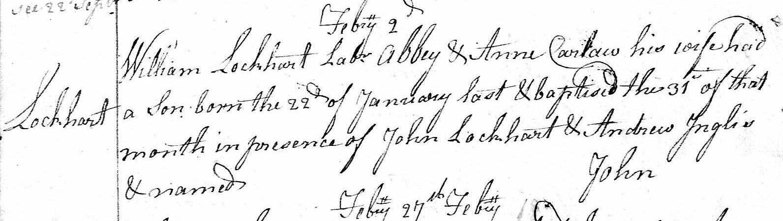 John Lockhart birth (2098 KB) 1819 Selection from North Berwick register showing John Lockhart birth (from PMT) (Click on Picture to View Full Size) picture