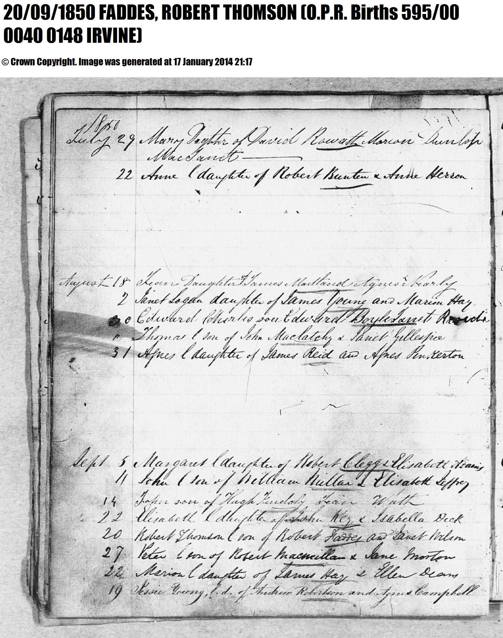 John Millar birth record (10672 KB) 1850 Irvine Parish, Ayrshire, Scotland (OPR Births 595/00 0040 0148); '1850. Sept 11, John l son of William Millar & Elisabeth Jeffrey.' (Click on Picture to View Full Size) picture