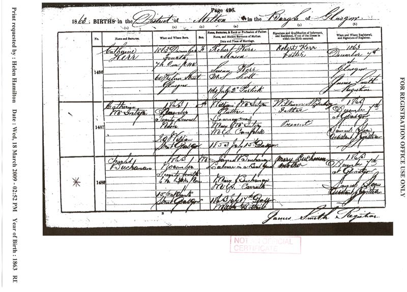 Charles Buchanan birth certificate (1347 KB) 1863 1863 Births in the District of Milton in the Burgh of Glasgow, Scotland; Charles Buchanan, b. 24 Nov 1863, son of James Buchanan and Mary Carruth (Click on Picture to View Full Size) picture