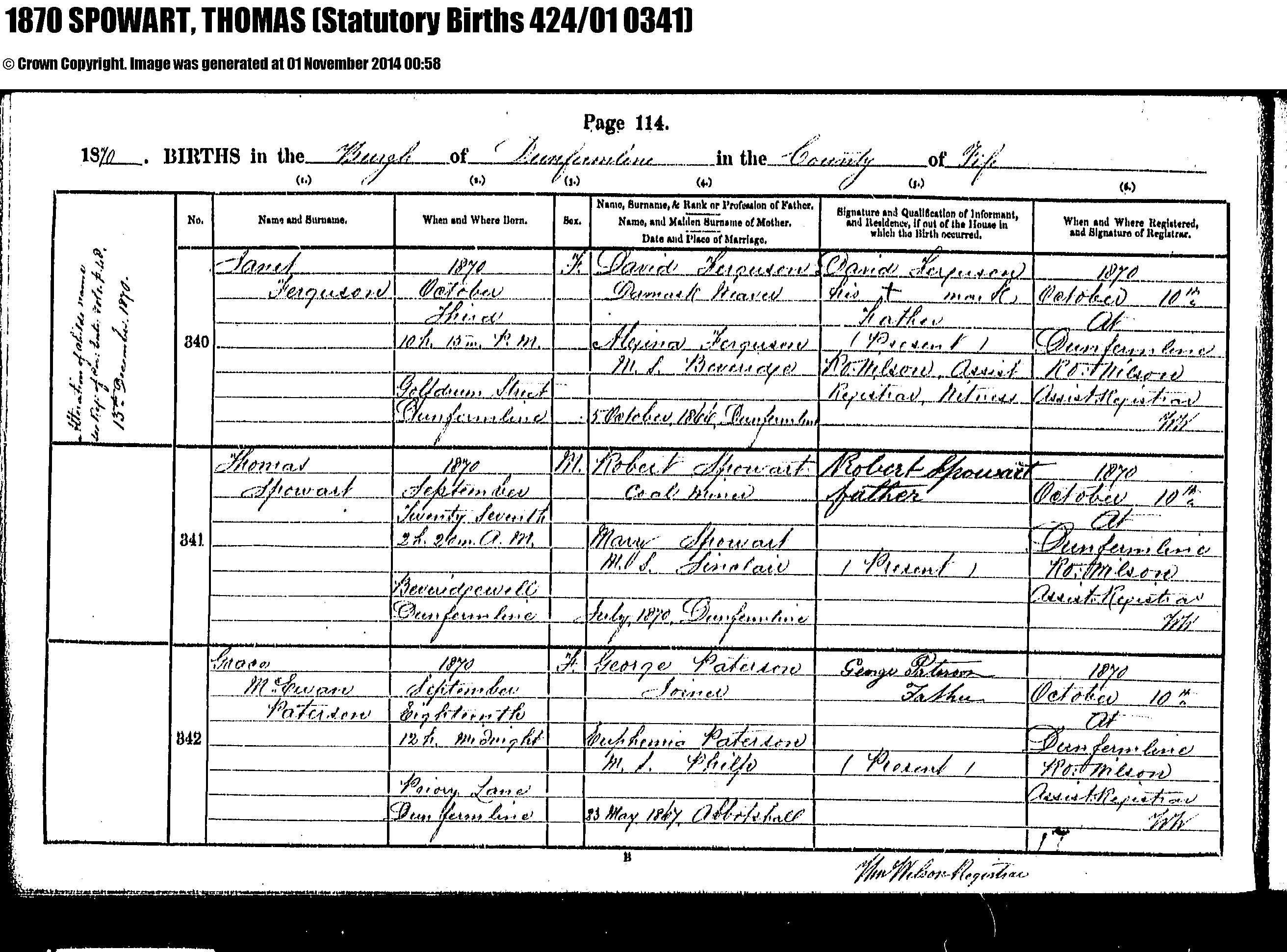 Thomas Spowart birth certificate in Dunfermline (14929 KB) 1870 1870 Births in the Burgh of Dunfermline in the County of Fife, Scotland; Thomas Spowart, b. 27 Sep 1870, son of Robert Spowart and Mary Sinclair (Click on Picture to View Full Size) picture