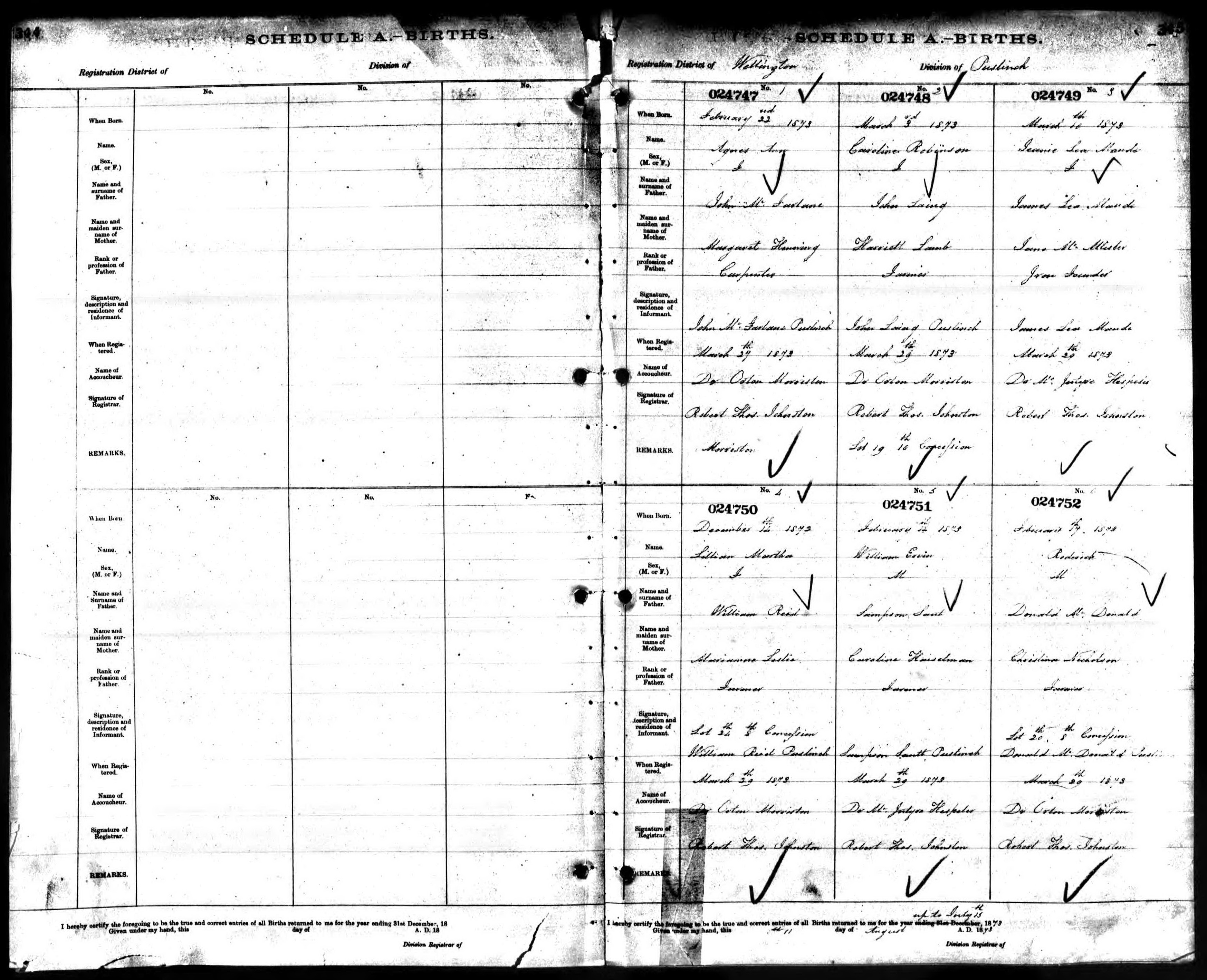 Agnes Ann McFarlane birth record in Morriston (9698 KB) 1873 Agnes Ann McFarlane, b. 22 Feb 1873 in Morriston, daughter of John McFarlane and Margaret Hensing; 1873 Births in Puslinch Division, Wellington County, Ontario, Canada; Archives of Ontario, Series MS929, Reel 12. (Click on Picture to View Full Size) picture