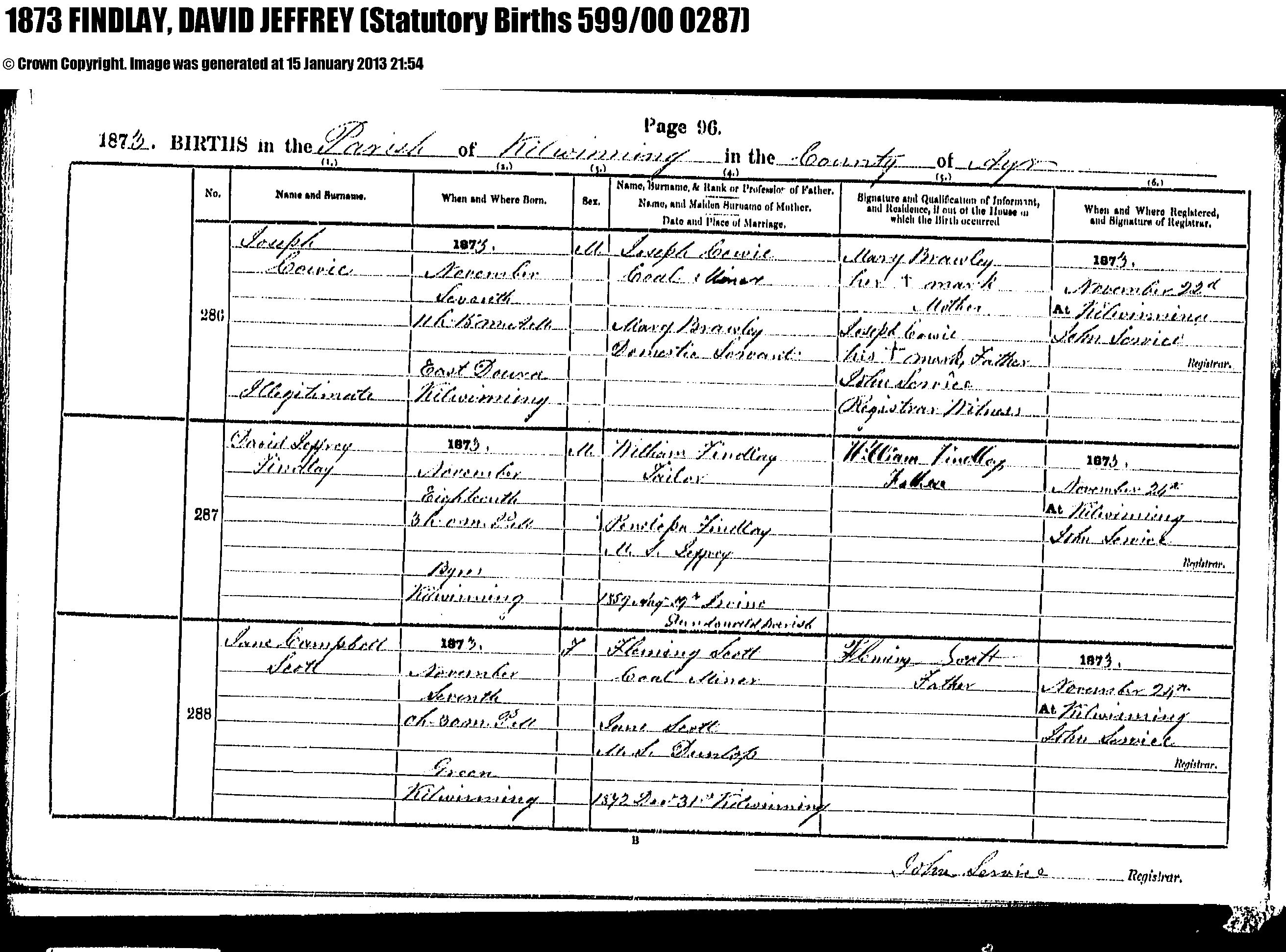 David Jeffrey Findlay birth record (14929 KB) 1873 1873 Births in the Parish of Kilwinning in the County of Ayr (Scotland) (Click on Picture to View Full Size) picture