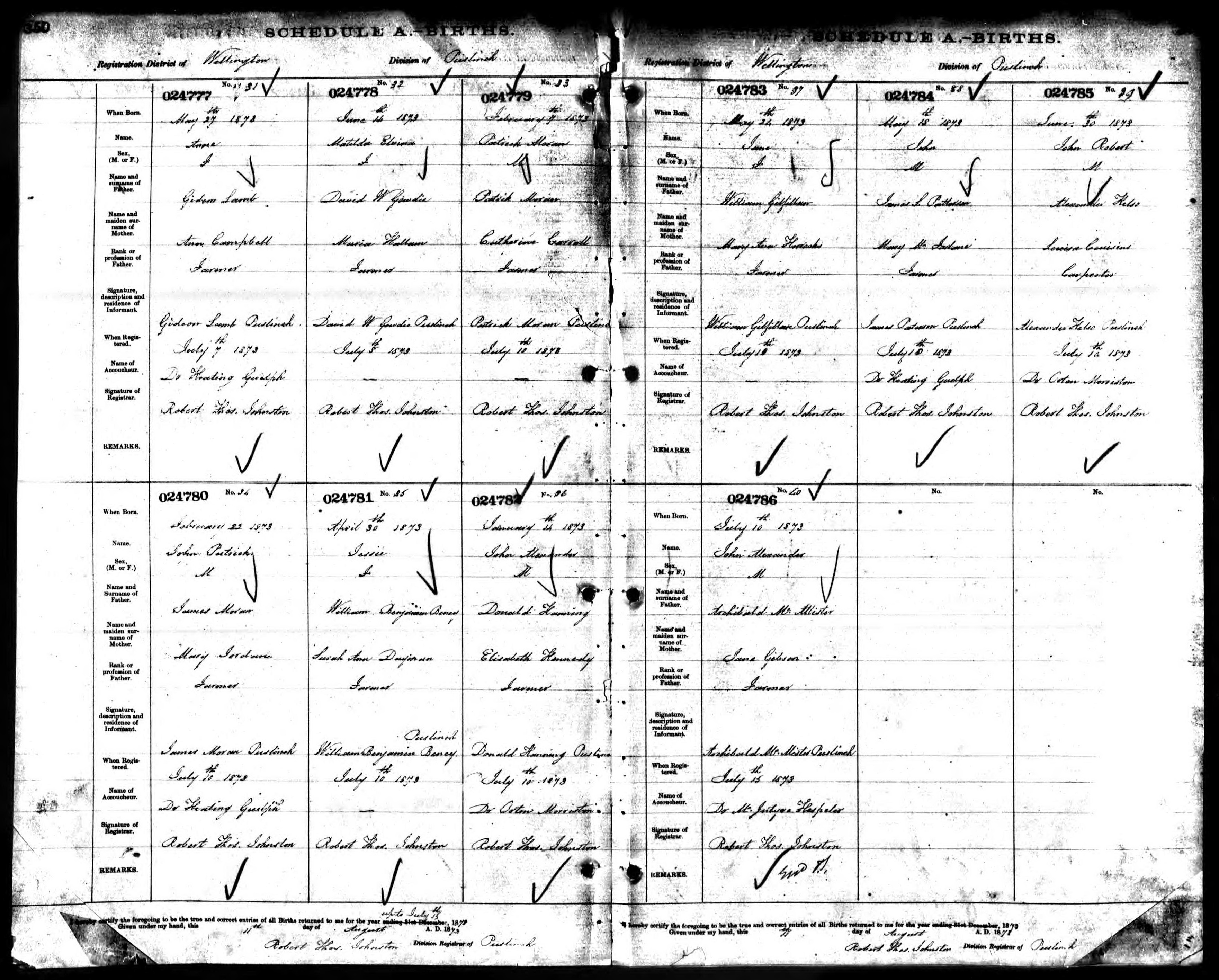 John Alexander Hanning birth record in Puslinch (9733 KB) 1873 John Alexander Hanning, b. 14 January 1873 in Puslinch, son of Donald Hanning and Elisabeth Kennedy; Births in Puslinch Division, Wellington County, Ontario, Canada; Archives of Ontario, Series MS929, Reel 12. (Click on Picture to View Full Size) picture