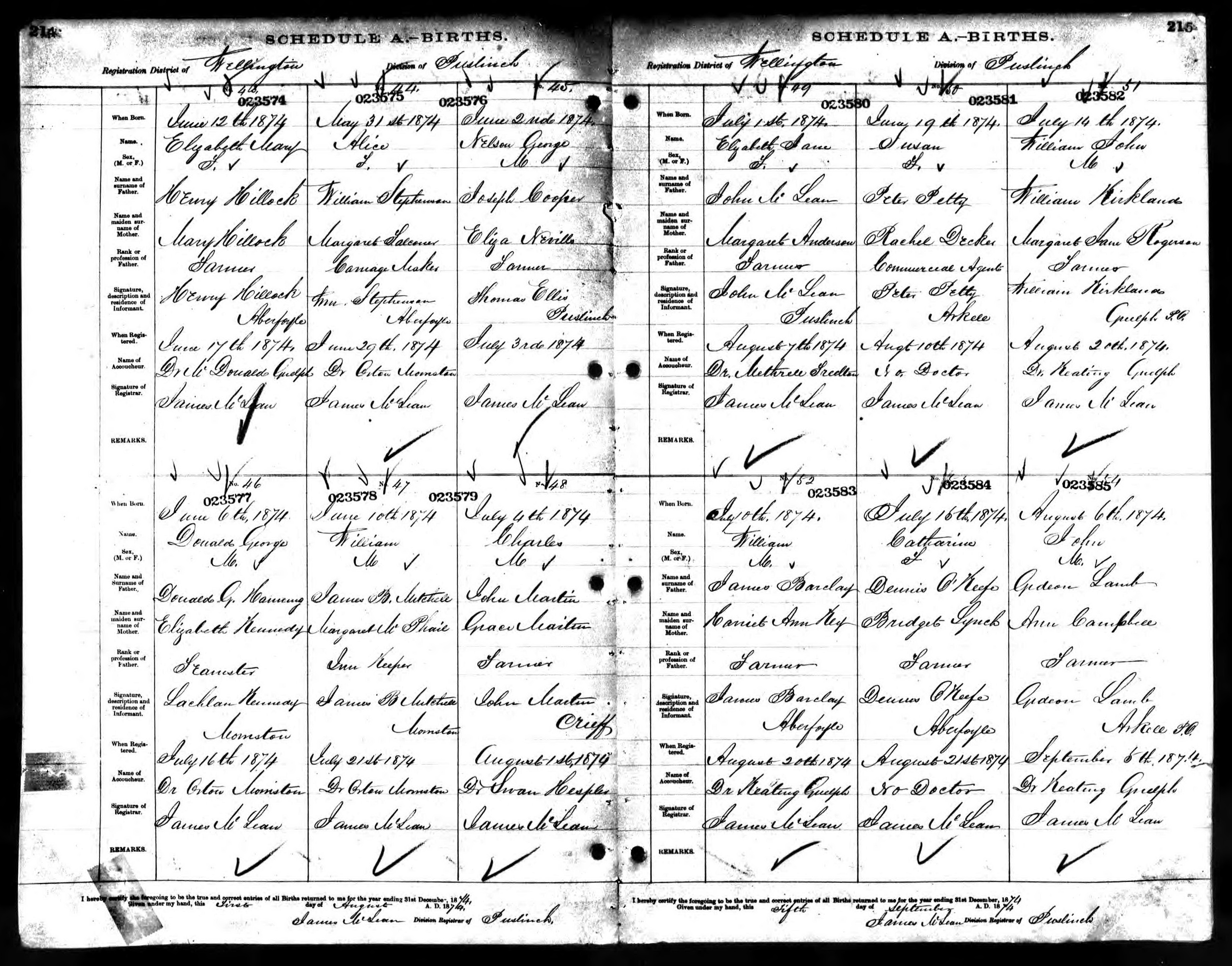 Donald George Hanning birth record in Puslinch (10427 KB) 1874 Donald George Hanning, b. 6 June 1874 in Puslinch, son of Donald G. Hanning and Elizabeth Kennedy; Births in Puslinch Division, Wellington County, Ontario, Canada; Archives of Ontario, Series MS929, Reel 18. (Click on Picture to View Full Size) picture