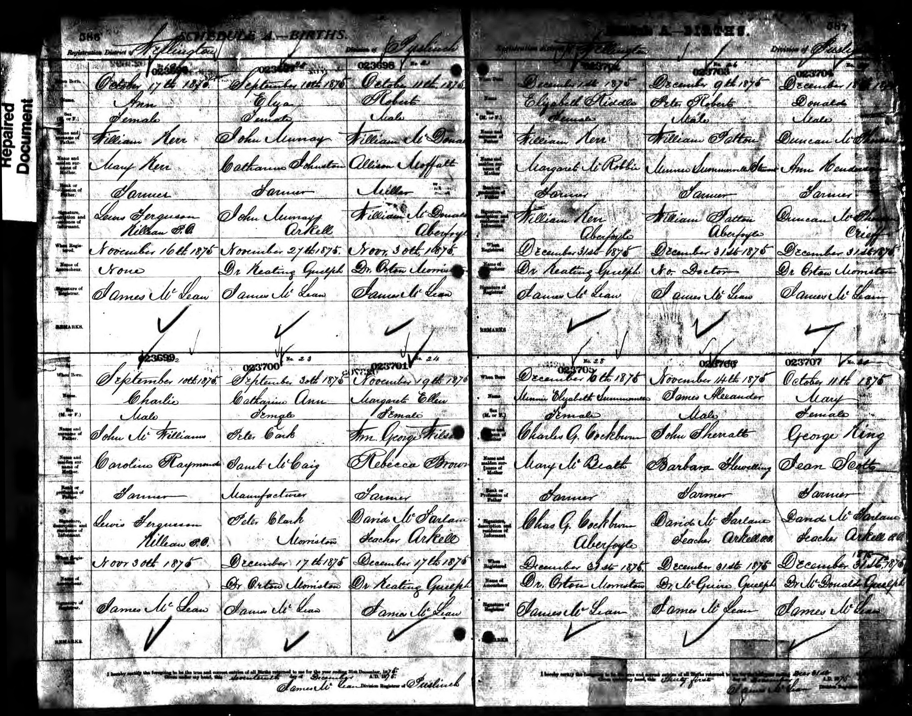 Elizabeth Riddle Kerr birth record in Aberfoyle (9985 KB) 1875 Elizabeth Riddle Kerr, b. 1 Dec 1875 in Aberfoyle, daughter of William Kerr and Margaret McRobbie; Births in Puslinch Division, Wellington County, Ontario, Canada; Archives of Ontario, Series MS929, Reel 21. (Click on Picture to View Full Size) picture