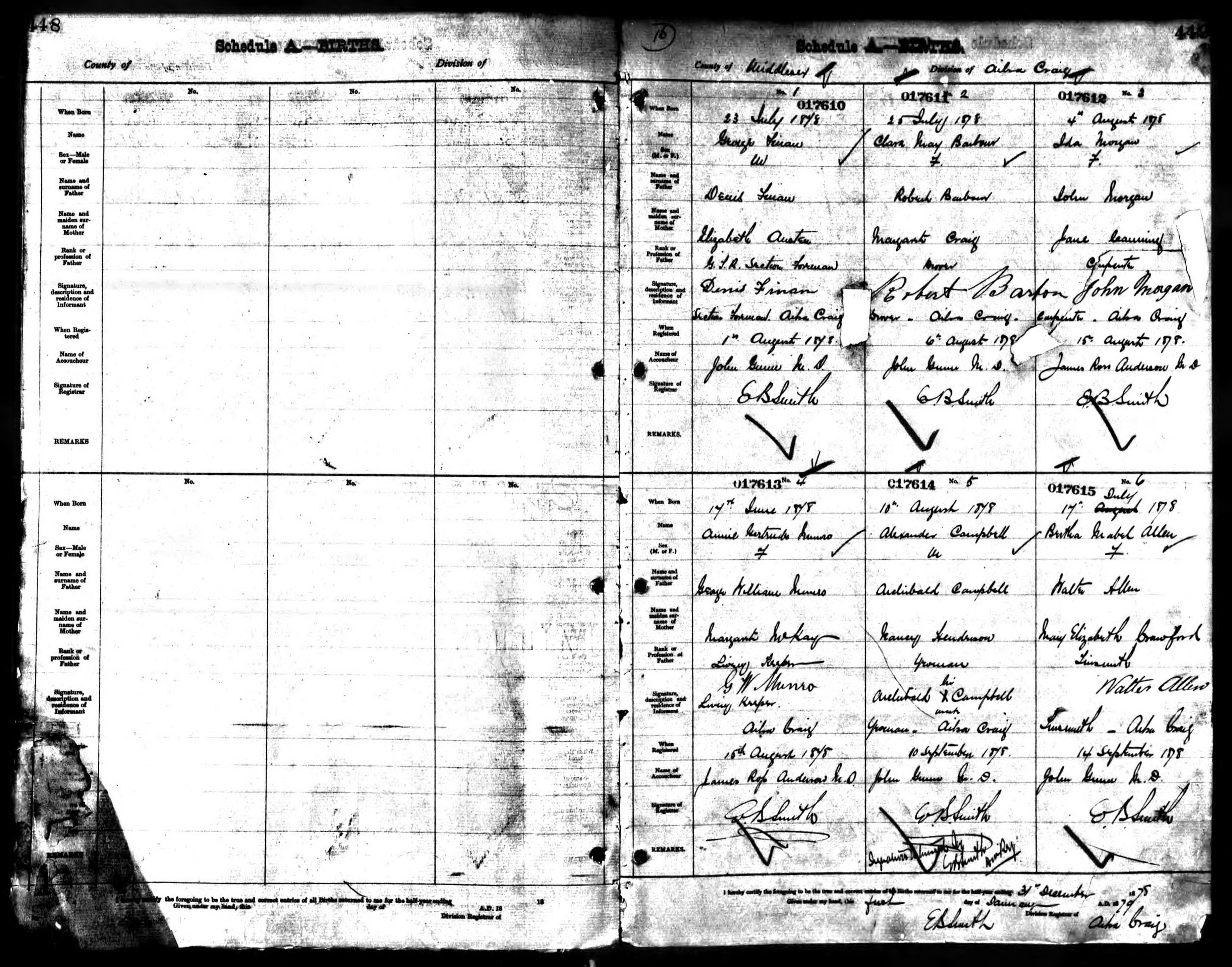Alexander Campbell birth record in Ailsa Craig (10353 KB) 10 August 1878 1878. Births. County of Middlesex, Division of Ailsa Craig. (Ontario, Canada Births, 1869 –1913). (Click on Picture to View Full Size) picture