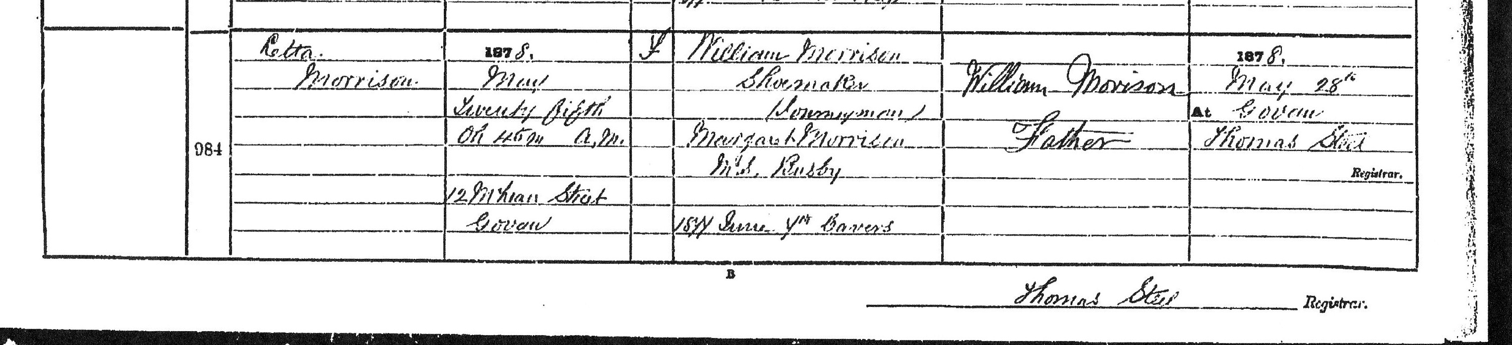 Letta Morrison birth in Govan, Lanarkshire (6228 KB) 1878 Violetta Morison birth record in Govan, Lanarkshire, Scotland, daughter of William Morrison and Margaret Busby (Click on Picture to View Full Size) picture