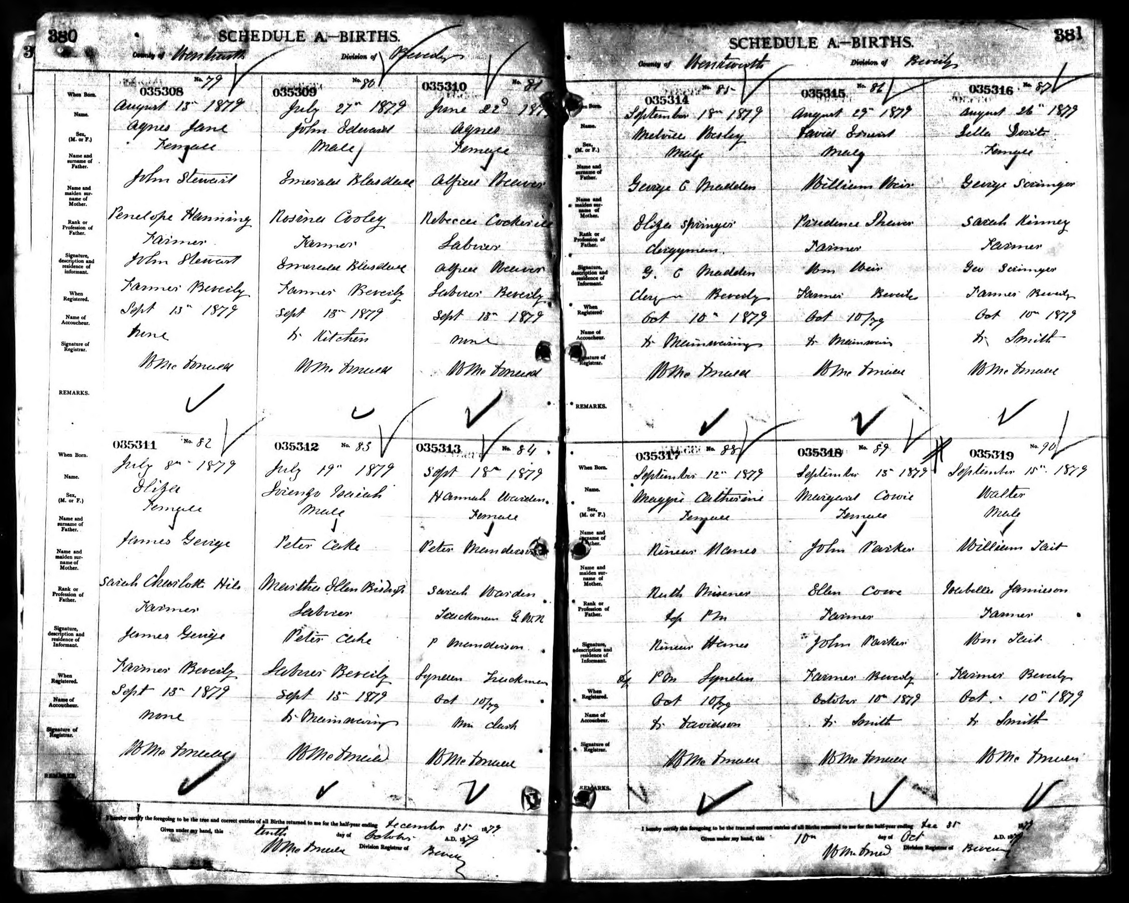 Agnes Jane Stewart birth record in Beverly (10305 KB) 1879 Agnes Jane Stewart, b. 13 Aug 1879 in Beverly, daughter of John Stewart and Penelope Hanning; Births in Beverly Division, Wentworth County, Ontario, Canada; Archives of Ontario, Series MS929, Reel 41. (Click on Picture to View Full Size) picture