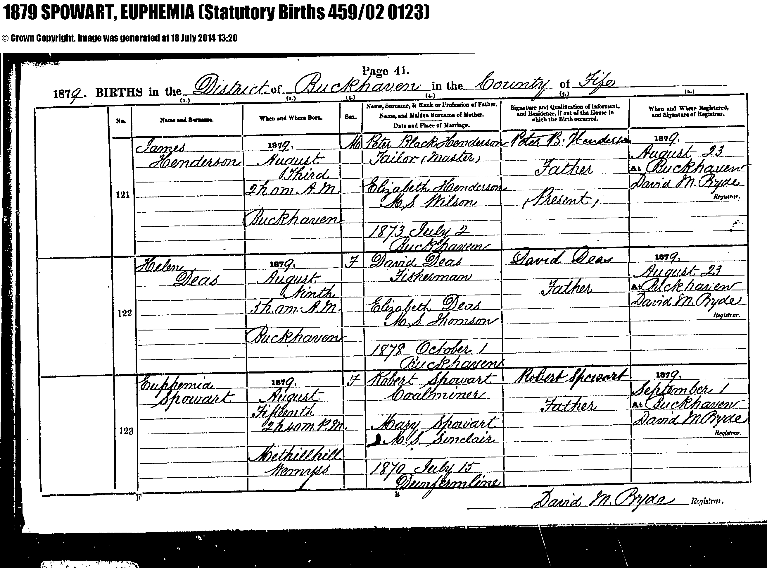 Euphemia Spowart birth certificate in Buckhaven (14929 KB) 1879 1879 Births in the District of Buckhaven in the County of Fife, Scotland; Euphemia Spowart, b. 15 Aug 1879, daughter of Robert Spowart and Mary Sinclair (Click on Picture to View Full Size) picture