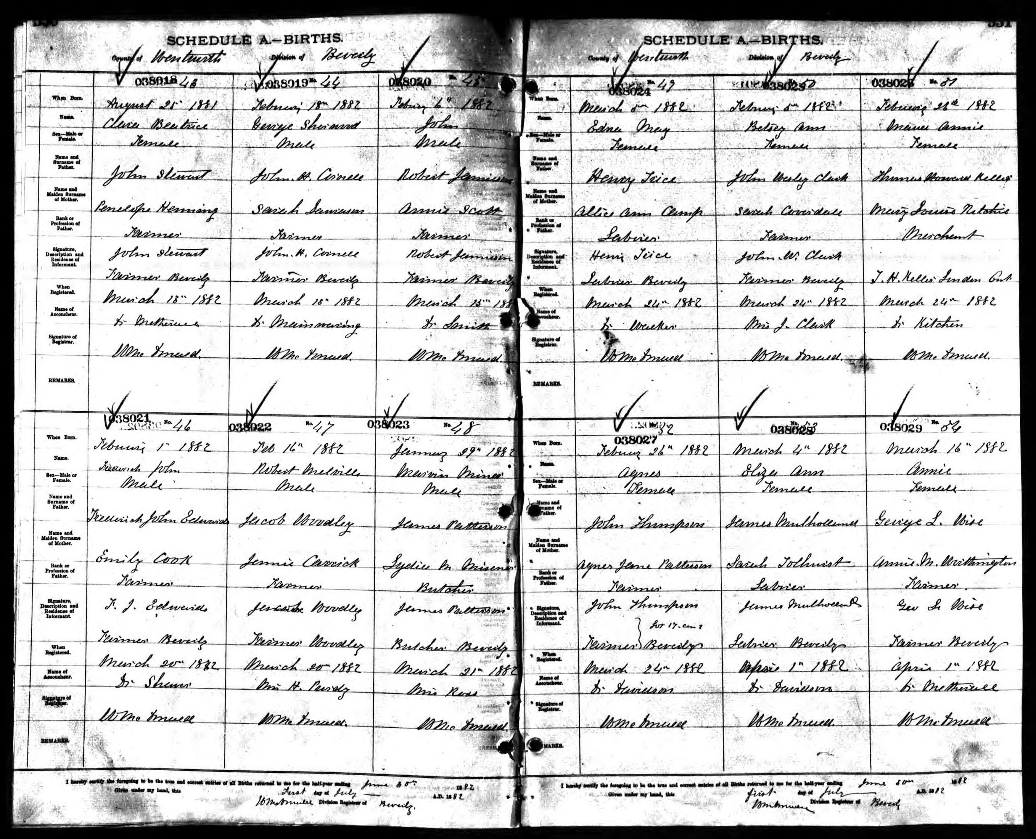 Clara Beatrice Stewart birth record in Beverly (9683 KB) 1881 Clara Beatrice Stewart, b. 25 Aug 1881 in Beverly, daughter of John Stewart and Penelope Henning; Births in Beverly Division, Wentworth County, Ontario, Canada; Archives of Ontario, Series MS929, Reel 57. (Click on Picture to View Full Size) picture