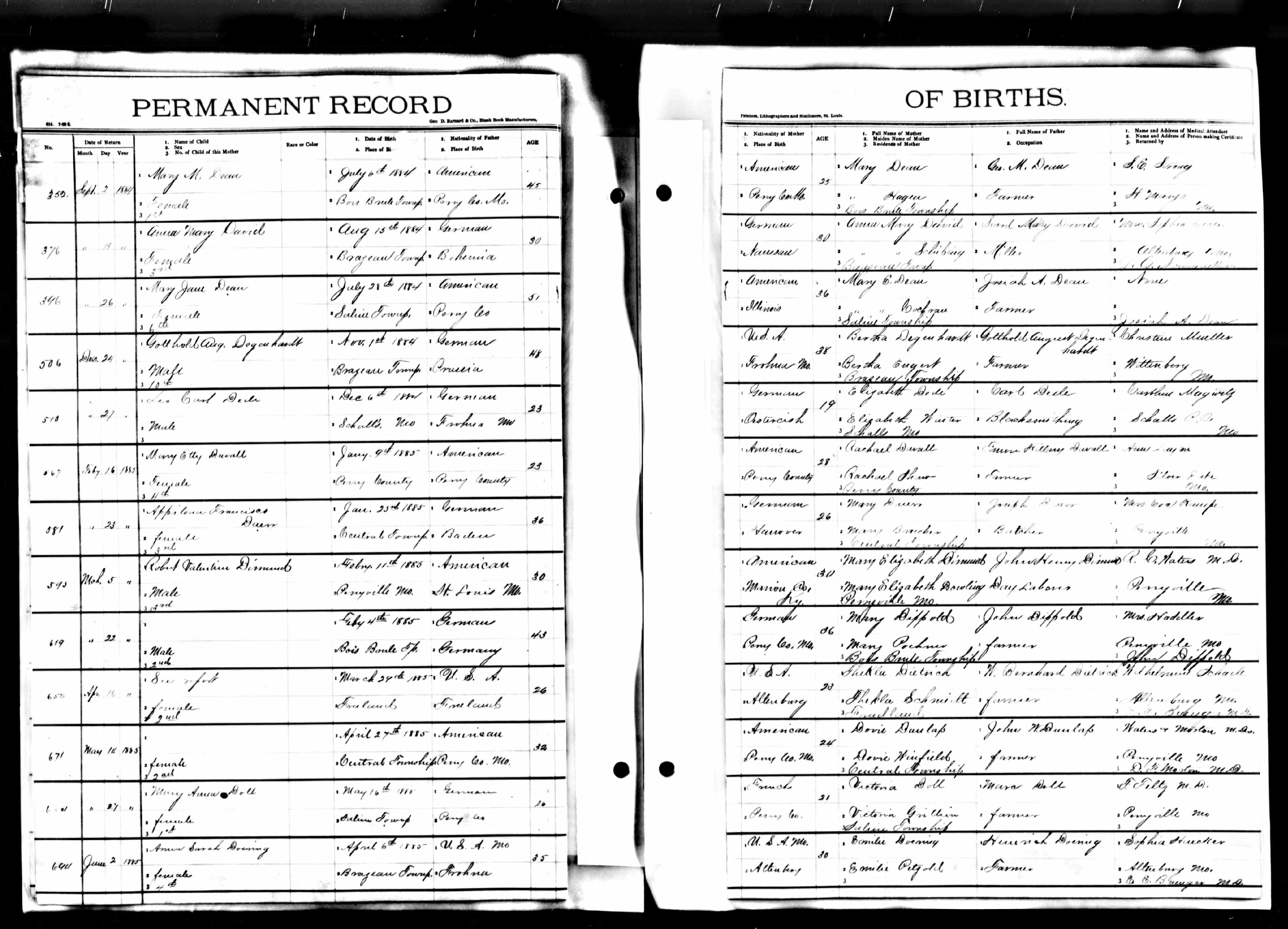 birth register (9537 KB) 1885 Robert Valentine Dimand birth in Perryville, Missouri in 1885 (Click on Picture to View Full Size) picture