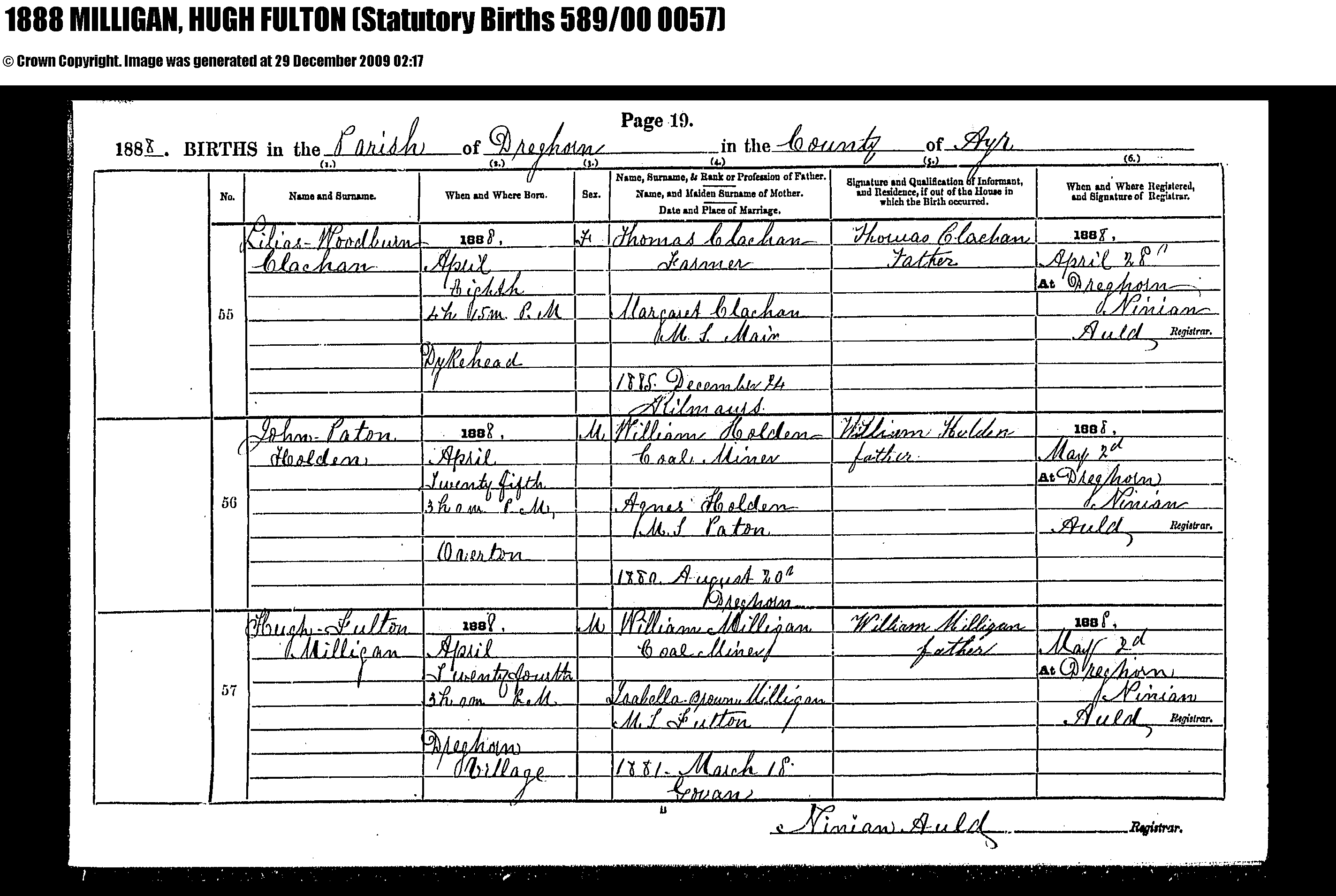 Hugh Fulton Milligan birth record (15936 KB) 1888 1888 Births in the Parish of Dreghorn in the County of Ayr (Scotland) (Click on Picture to View Full Size) picture