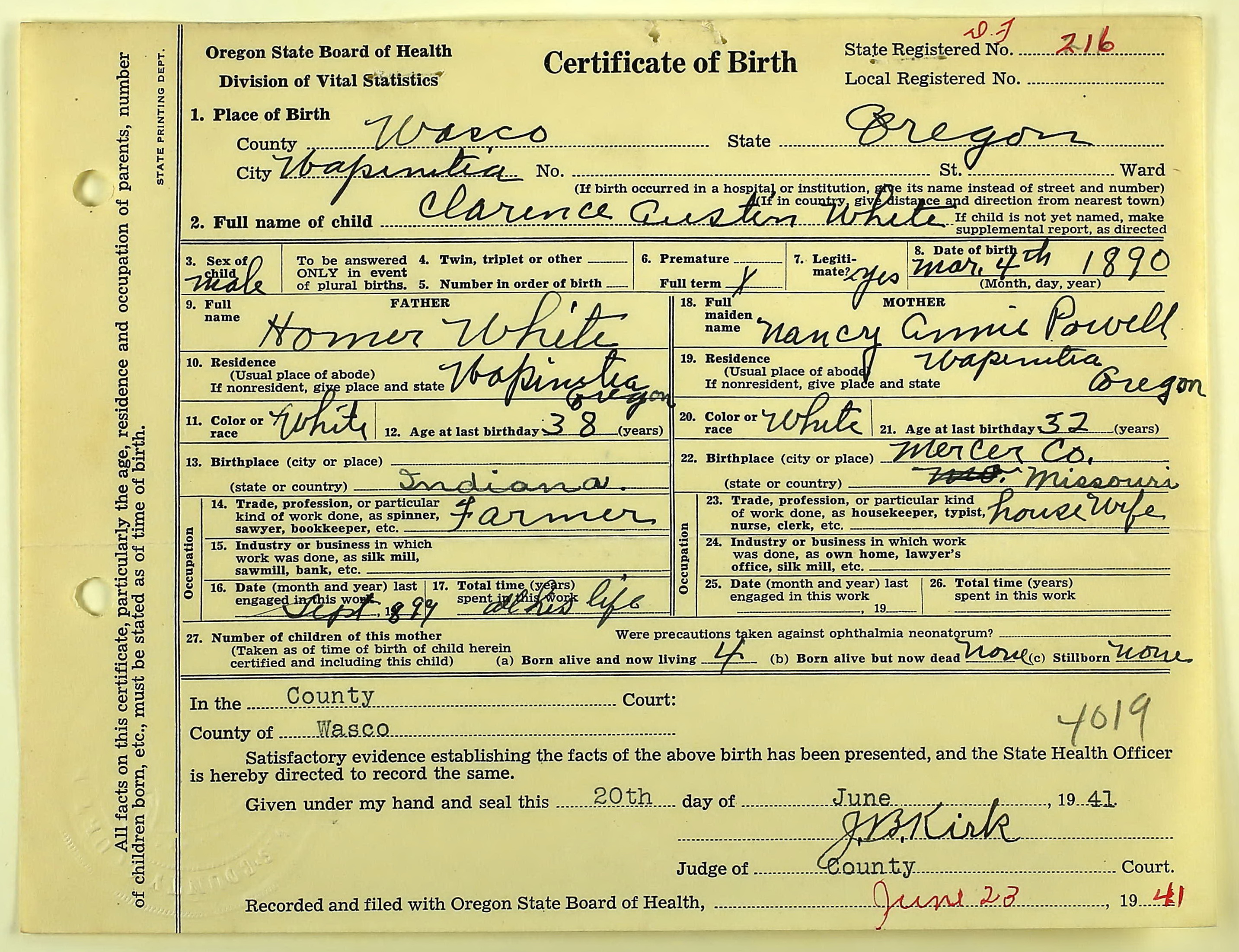 Clarence Austin White delayed birth record in Wasco County, Oregon (18510 KB) 1941 Oregon State Board of Health Division of Vital Statistics. Certificate of Birth. Clarence Austin White, b. 04 March 1890 in Wapinitia, Wasco County, Oregon, son of Homer White and Nancy Annie Powell. Sworn 20 June 1941, recorded 23 June 1941. (Oregon, State Births, 1842 –1917) (Click on Picture to View Full Size) picture