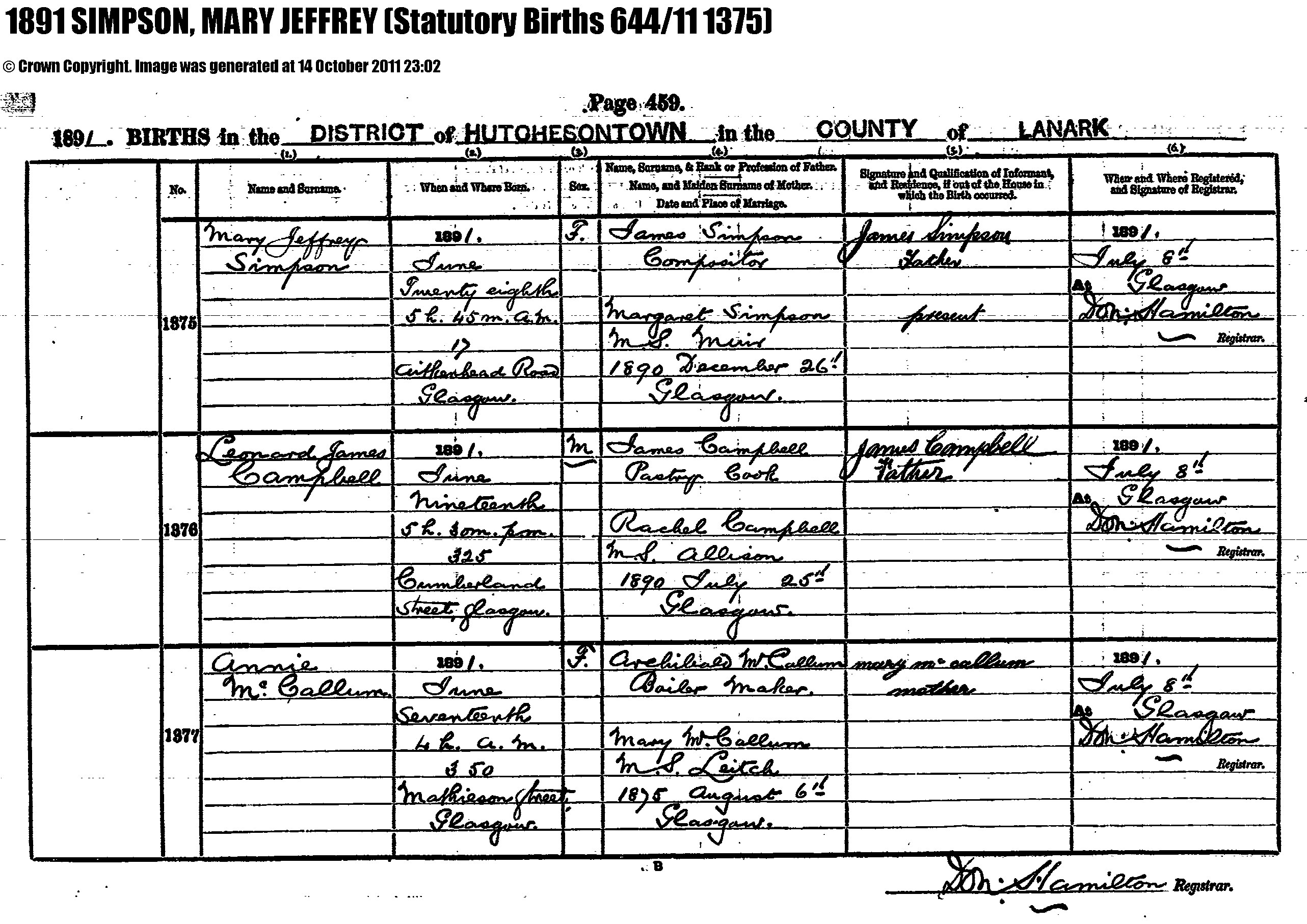 Mary Jeffrey Simpson birth record (13636 KB) 1891 1891 BIRTHS in the DISTRICT of HUTCHESONTOWN in the COUNTY of LANARK, Scotland (191 Statutory Births 644/11 1375); Mary Jeffrey Simpson, b. 28 June 1891, daughter of James Simpson and Margaret Muir (Click on Picture to View Full Size) picture