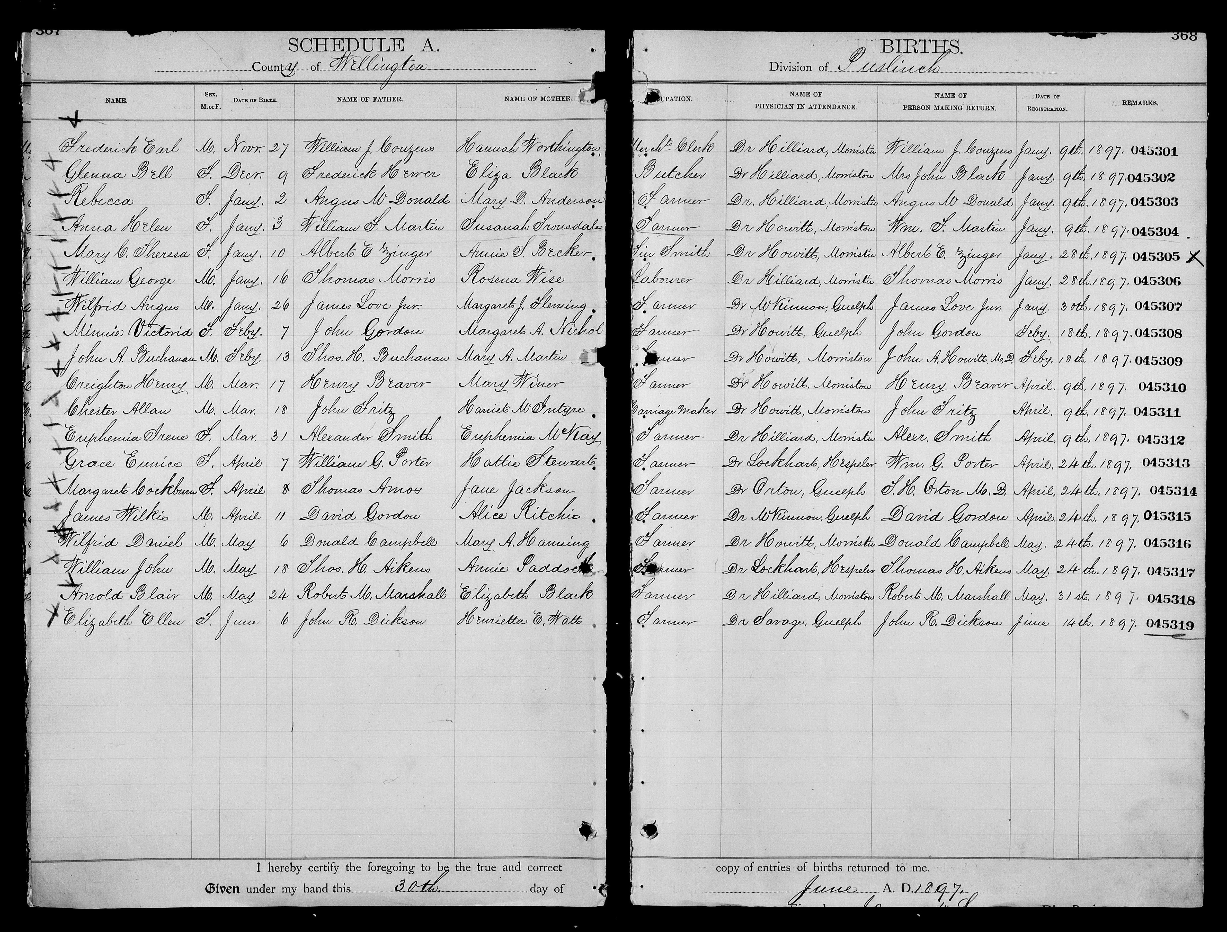 Wilfred Daniel Campbell birth record in Puslinch (50665 KB) 1897 Wilfred Daniel Campbell, b. 6 May 1897 in Puslinch, son of Donald Campbell and Mary A. Hanning; Births in Puslinch Division, Wellington County, Ontario, Canada; Archives of Ontario, Series MS929, Reel 140. (Click on Picture to View Full Size) picture
