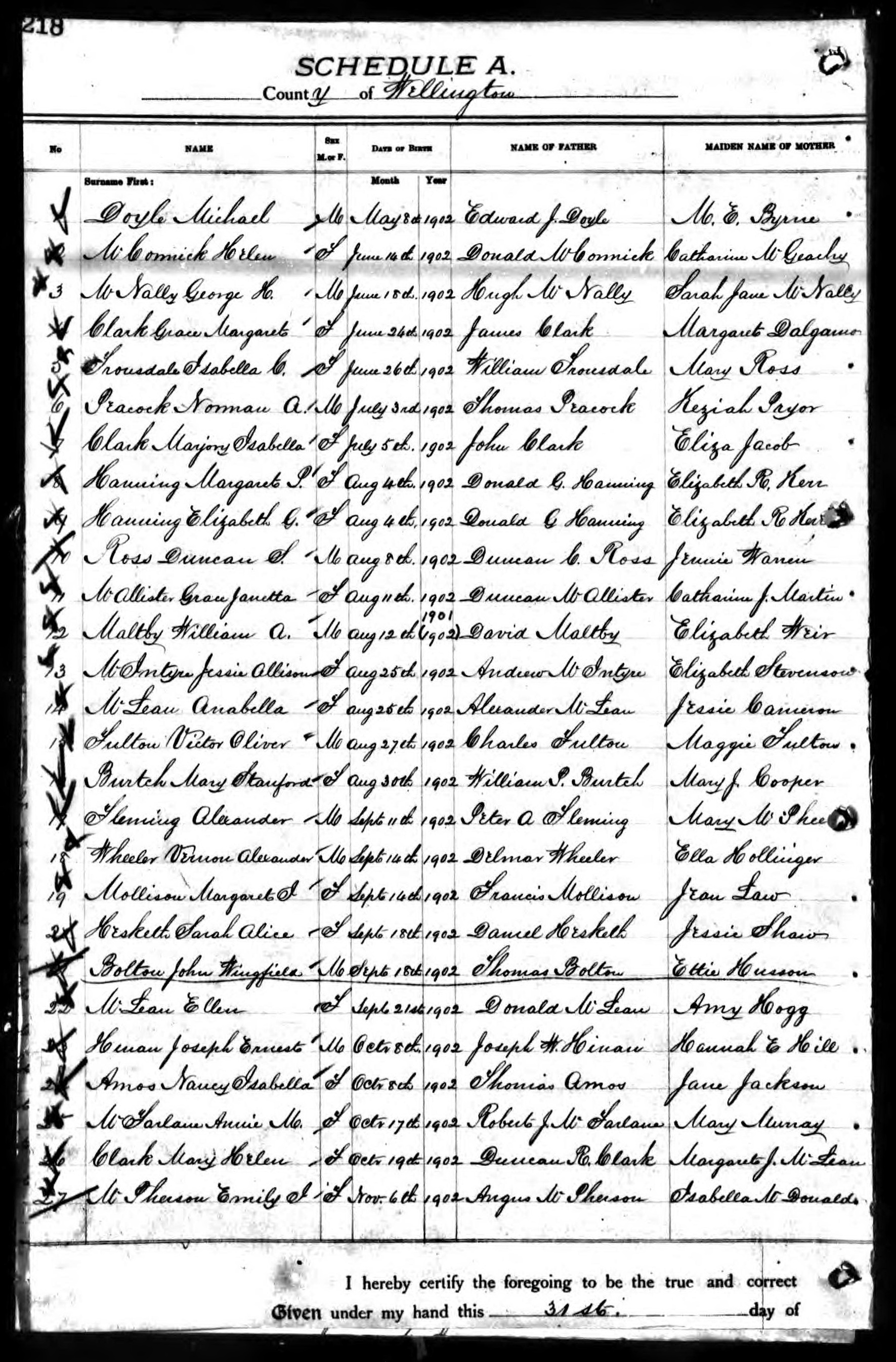 Birth of twins Margaret P. and Elizabeth G. Hanning (4661 KB) 1902 1902 Births in Puslinch Division, Wellington County, Ontario, Canada — first page of record (2nd page is missing from image set); birth of twin daughters of Donald G. Hanning and Elizabeth R. Kerr (Click on Picture to View Full Size) picture