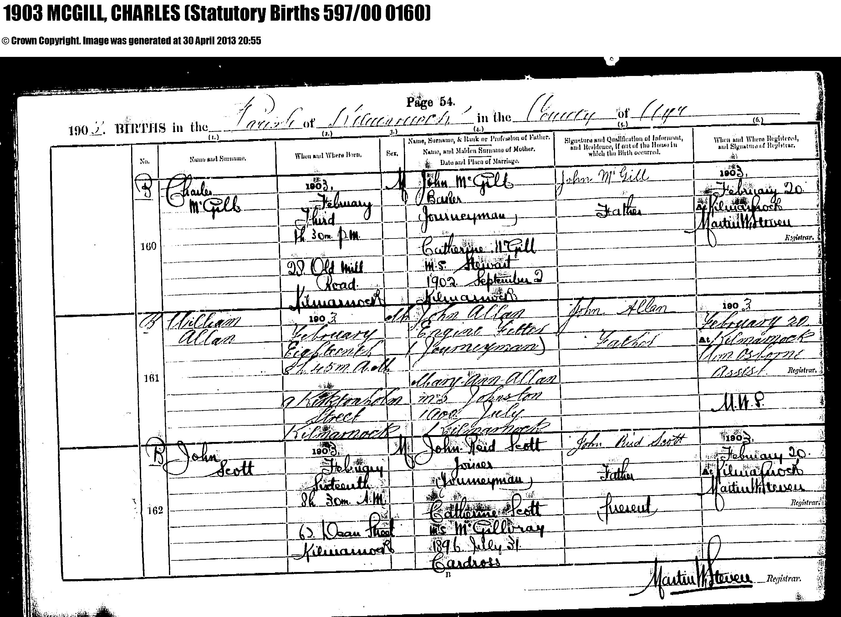 Charles McGill birth record (15545 KB) 1903 1903 Births in the Parish of Kilmarnock in the County of Ayr (Scotland) (Click on Picture to View Full Size) picture