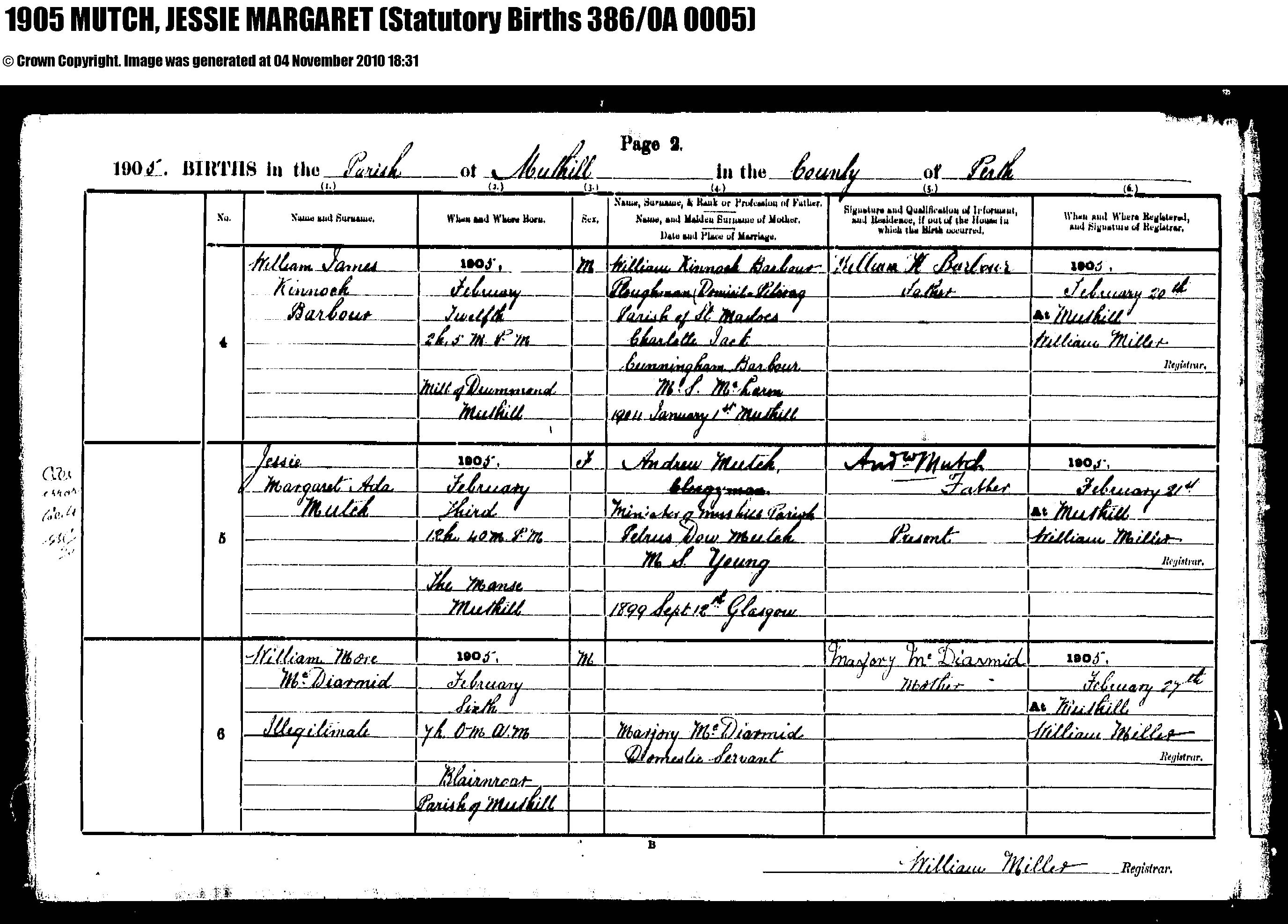Jessie Margaret Ada Mutch birth record (15915 KB) 1905 1905 births in the Parish of Muthill in the County of Perth (Scotland) (Click on Picture to View Full Size) picture