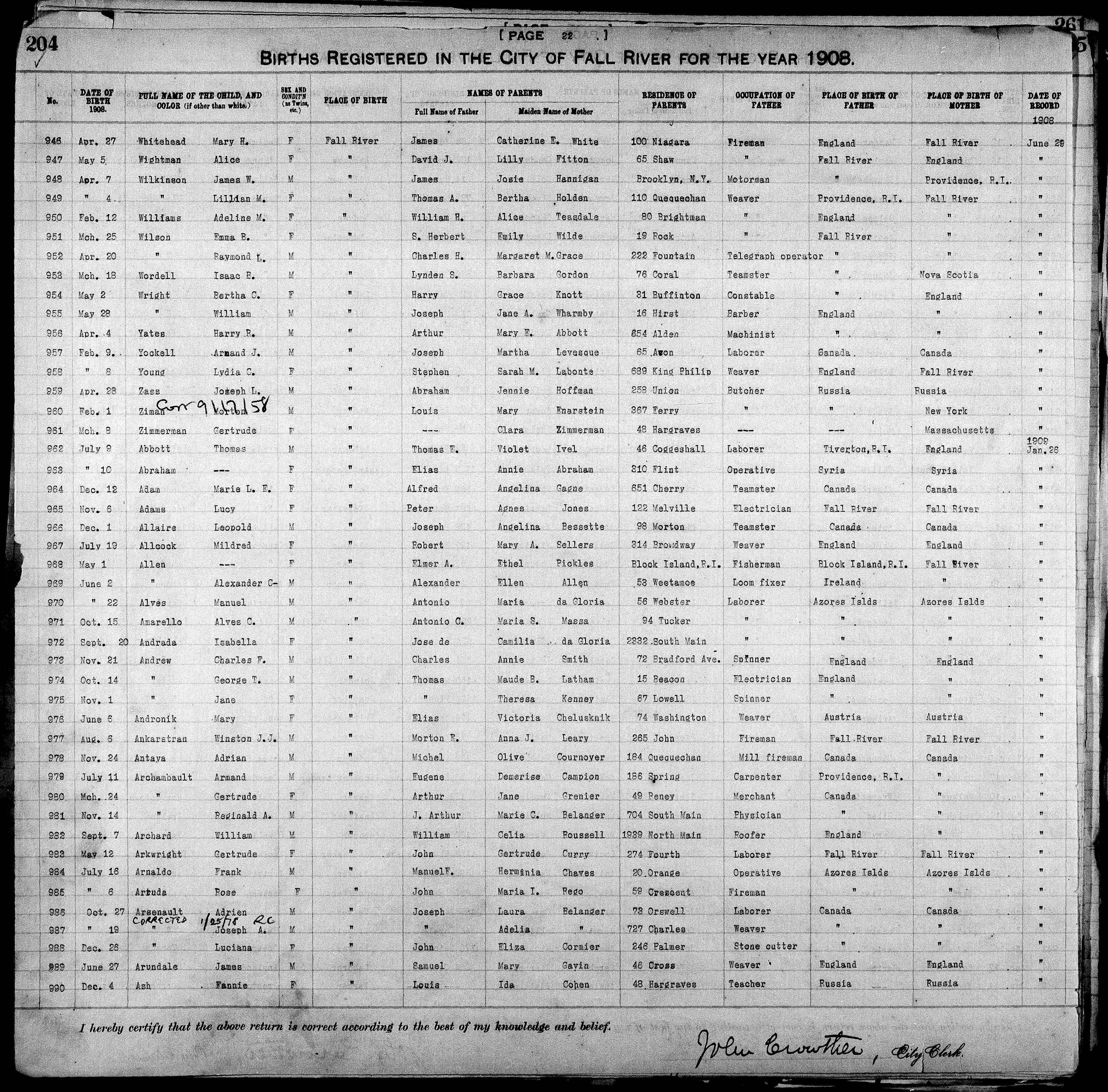 Adeline M. Williams birth record (11185 KB) 1908 Adeline M. Williams in 1908 birth register for Fall River, Massachusetts (Click on Picture to View Full Size) picture