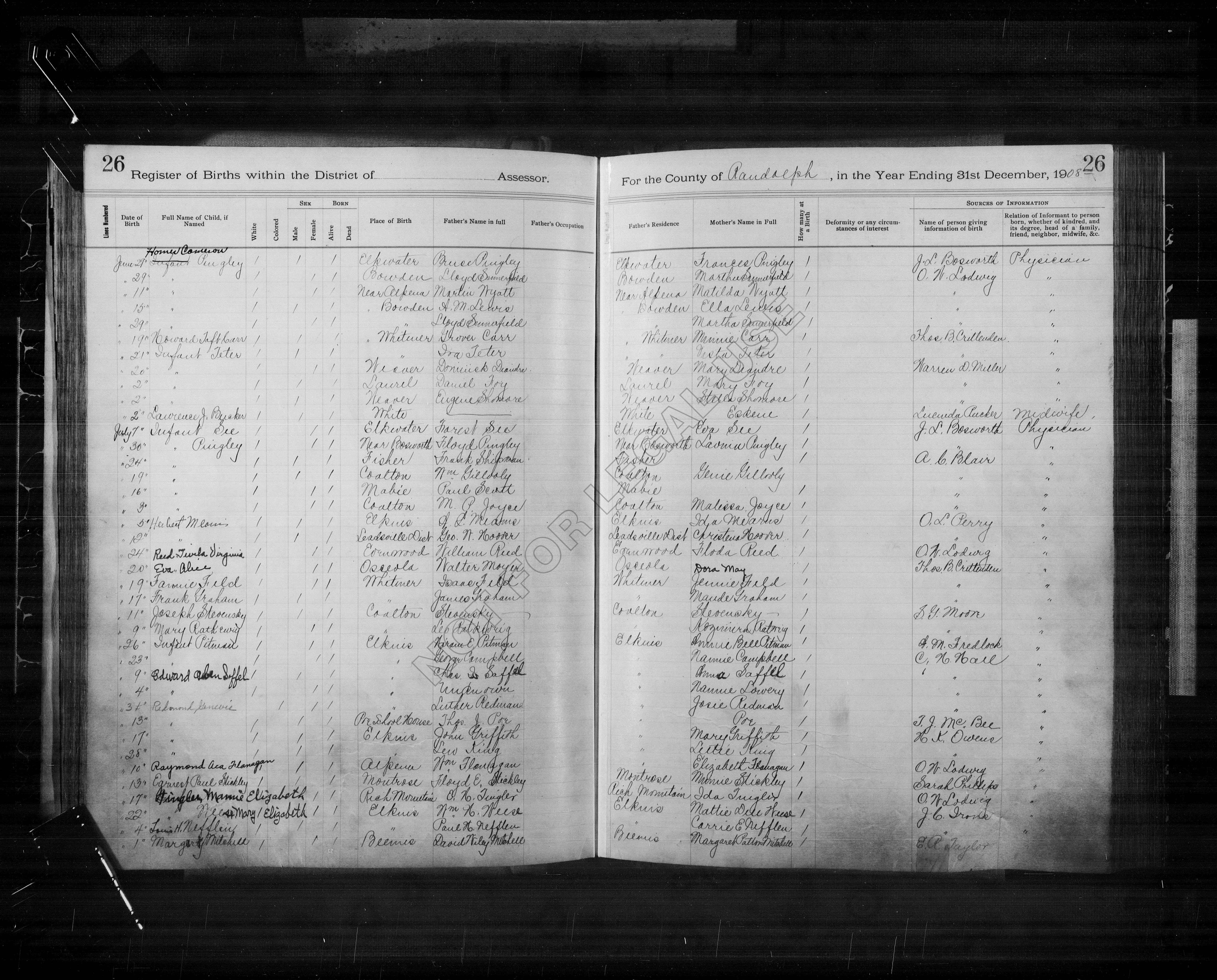 Howard Taft Carr birth record near Whitmer in Randolph County, WV (21104 KB) 1908 June 19th, Howard Taft Carr, white, male, born alive, near Whitmer, father: Grover Carr, residence near Whitmer; mother: Minnie Carr; single birth; informant: Thos. B. Crittenden, Physician; registered year ending 31 Dec 1908 in Randolph County, West Virginia (Click on Picture to View Full Size) picture