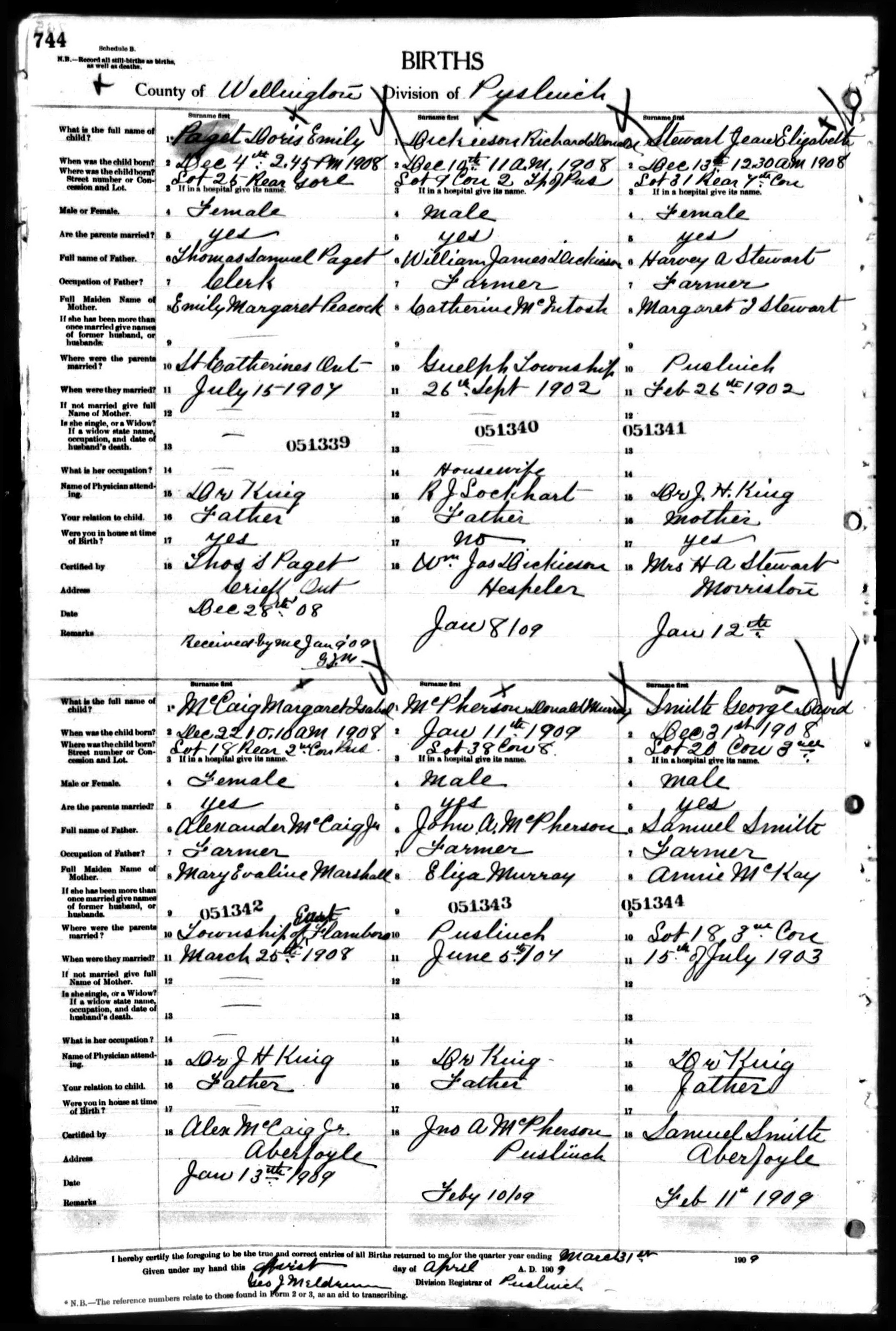Jean Elizabeth Stewart birth record in Morriston (10289 KB) 1908 Jean Elizabeth Stewart, b. 13 Dec 1908 in Morriston, daughter of Harvey A Stewart and Margaret I Stewart; Births in Puslinch Division, Wellington County, Ontario, Canada; Archives of Ontario, Series MS929, Reel 29. (Click on Picture to View Full Size) picture