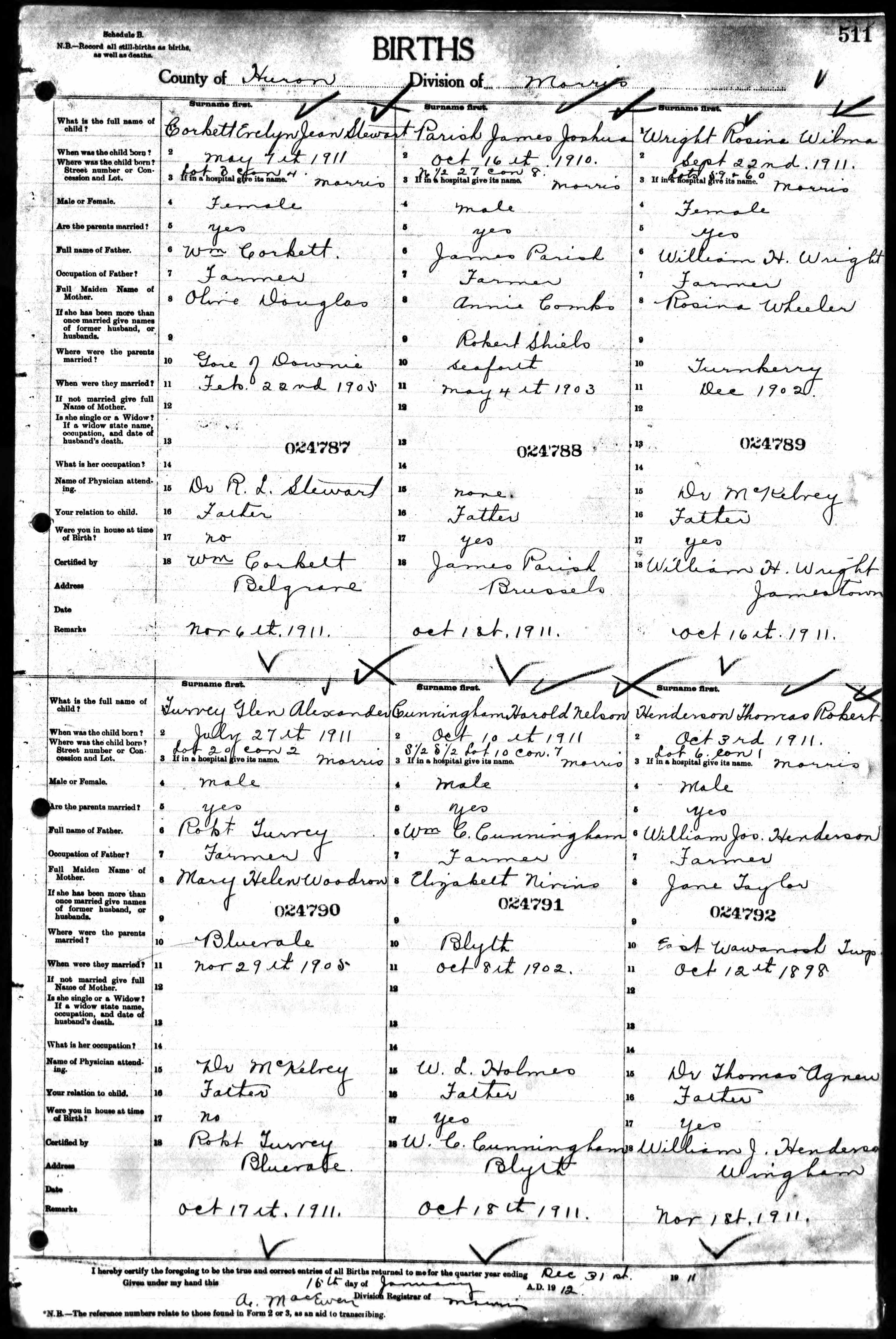 Thomas Robert Henderson birth record in Wingham (20467 KB) 1911 Thomas Robert Henderson, b. 03 Oct 1911 in Wingham, son of William Jos. Henderson and Jane Taylor; Births in Morris Division, Huron County, Ontario, Canada; Archives of Ontario, Series MS929, Reel 219. (Click on Picture to View Full Size) picture