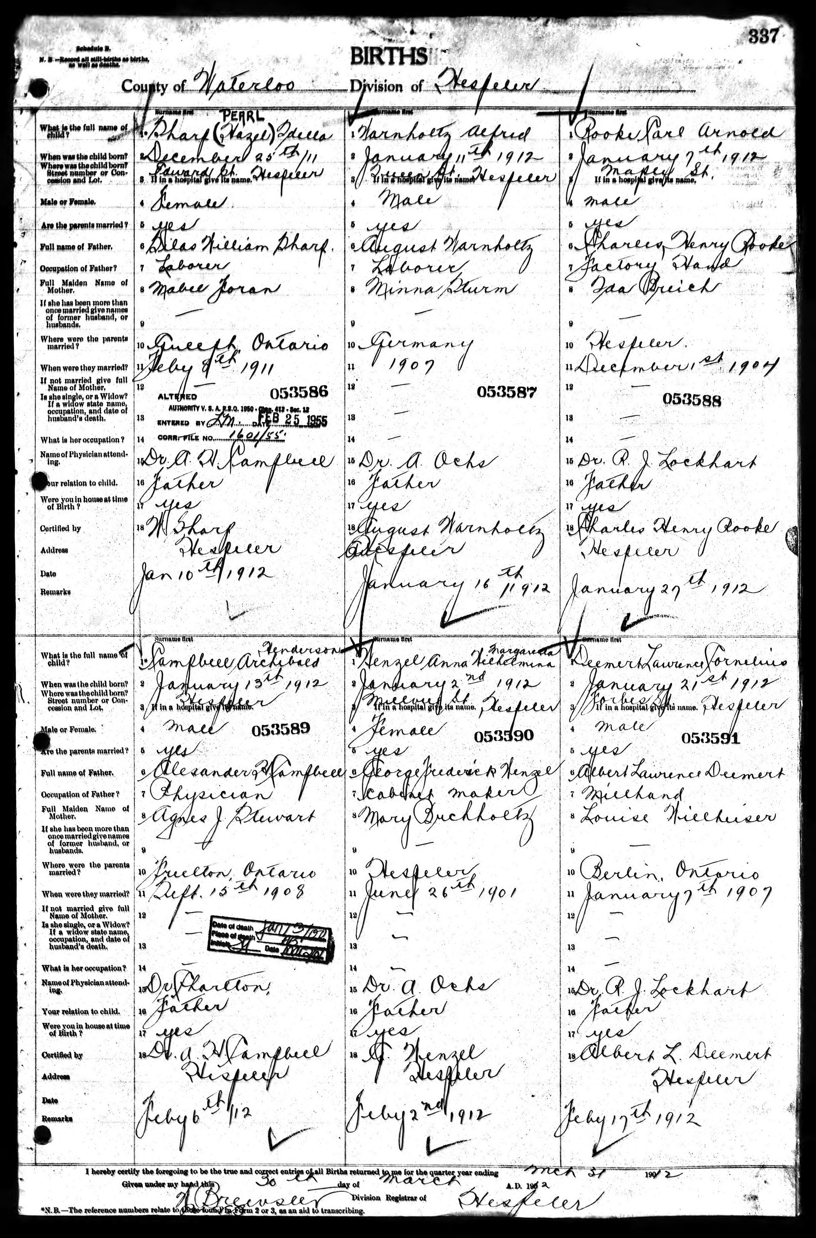 Archibald Henderson Campbell birth record in Hespeler (14821 KB) 1912 Archibald Henderson Campbell, b. 13 January 1912 in Hespeler, son of Alexander H. Campbell and Agnes J. Stewart; Births in Hespeler Division, Waterloo County, Ontario, Canada; Archives of Ontario, Series MS929, Reel 230. (Click on Picture to View Full Size) picture