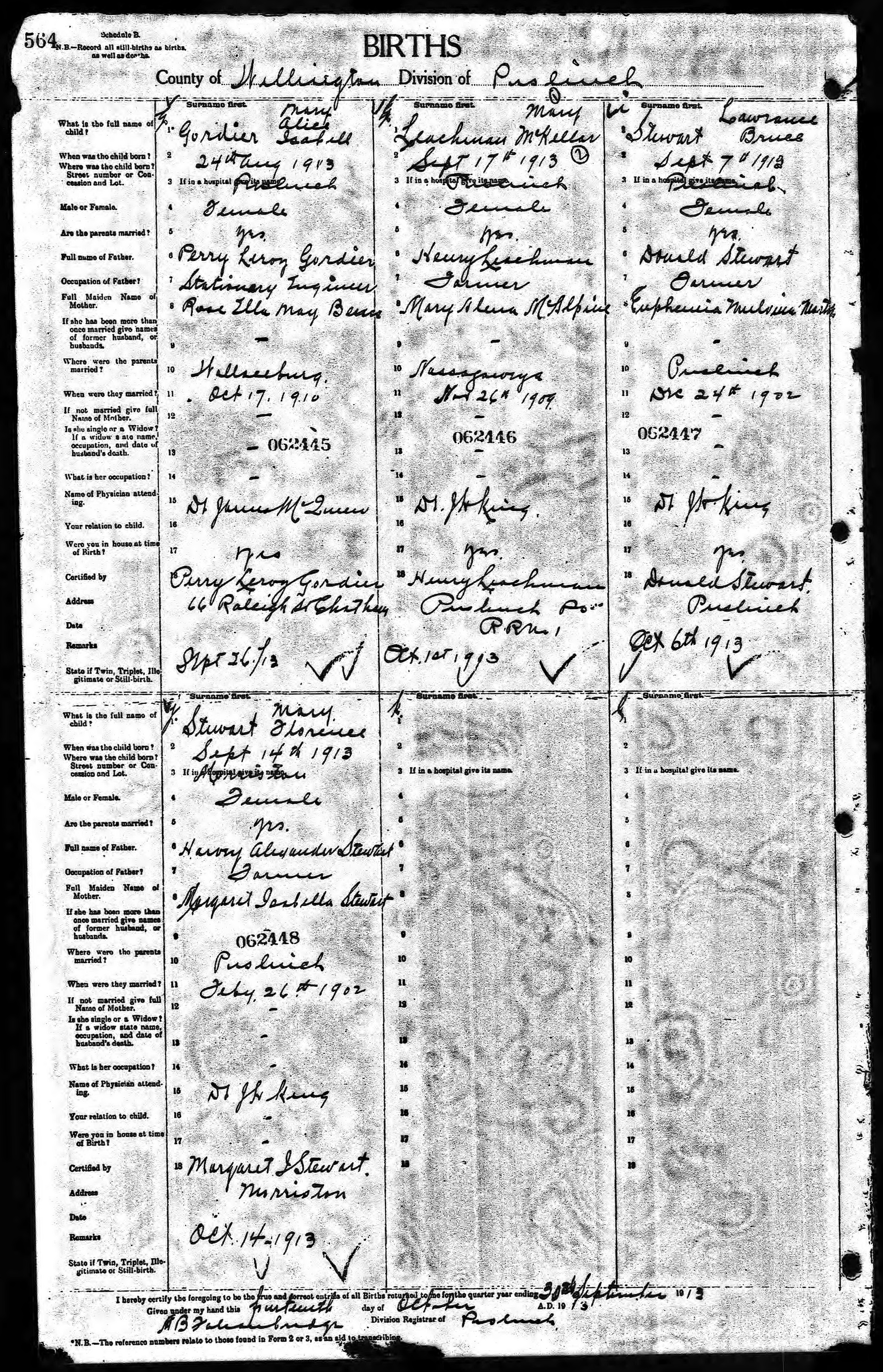 Mary Florence Stewart birth record in Morriston (19119 KB) 1913 Mary Florence Stewart, b. 14 Sept 1913 in Morriston, daughter of Harvey Alexander Stewart and Margaret Isabella Stewart; Births in Puslinch Division, Wellington County, Ontario, Canada; Archives of Ontario, Series MS929, Reel 244. (Click on Picture to View Full Size) picture