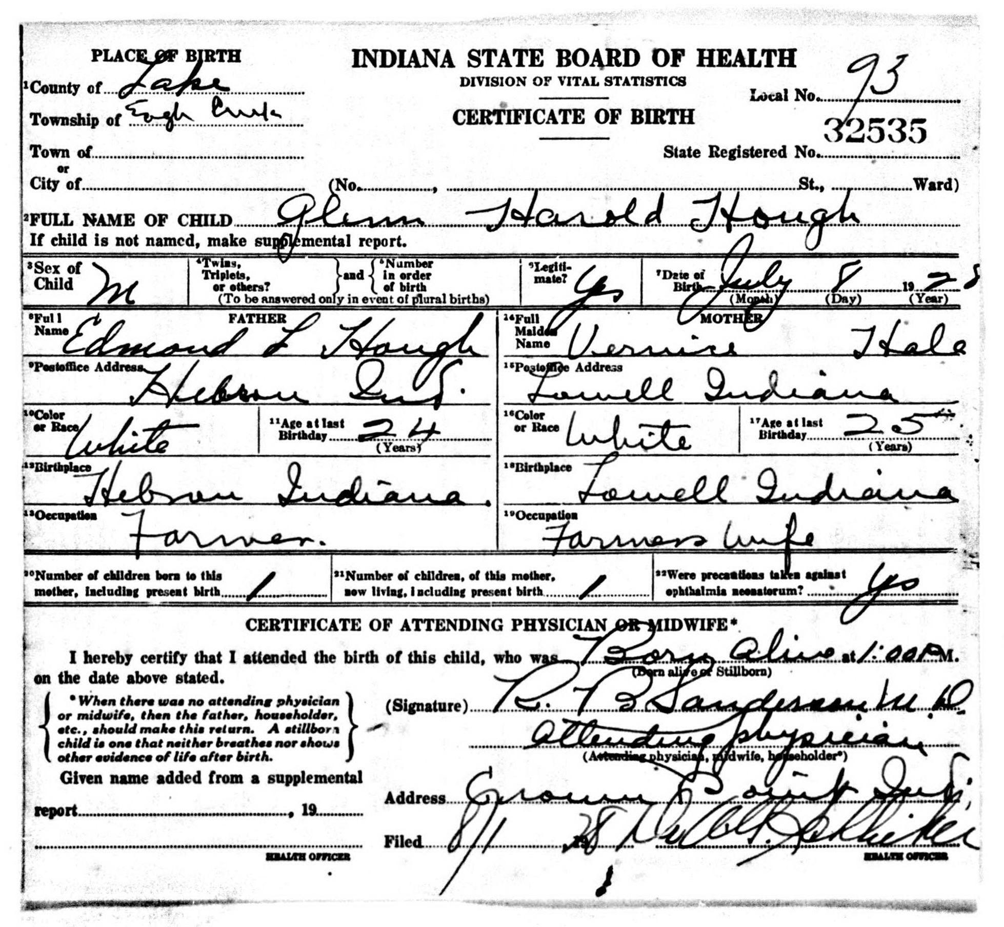 Glenn Harold Hough birth record in Eagle Creek Township, Lake County, Indiana, USA (3460 KB) 8 July 1928 Indiana State Board of Health. Division of Vital Statistics. Certificate of Birth. (Click on Picture to View Full Size) picture