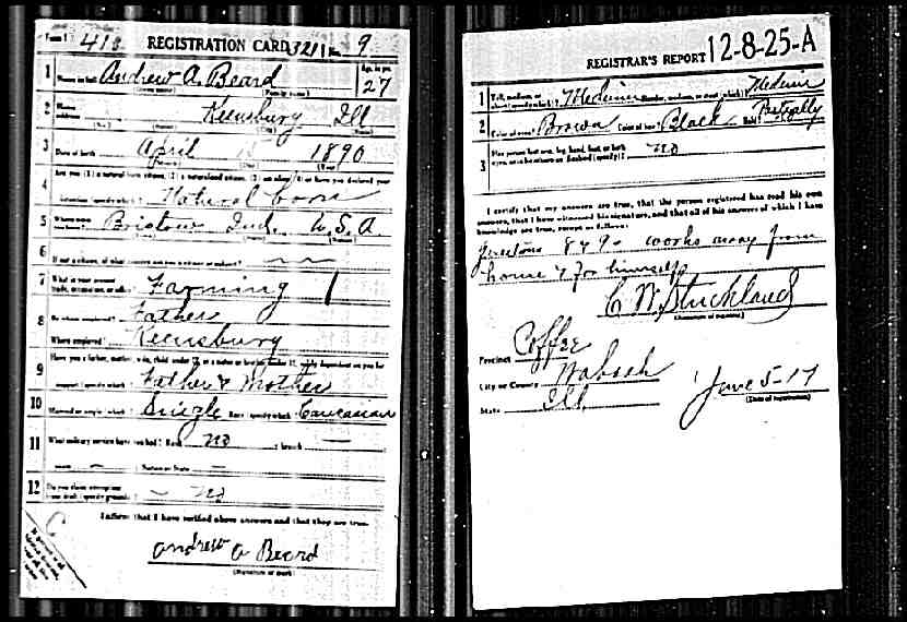 draft card (Andrew A. Beard) (1389 KB) 1917 Andrew A. Beard — WWI draft registration (Click on Picture to View Full Size) picture