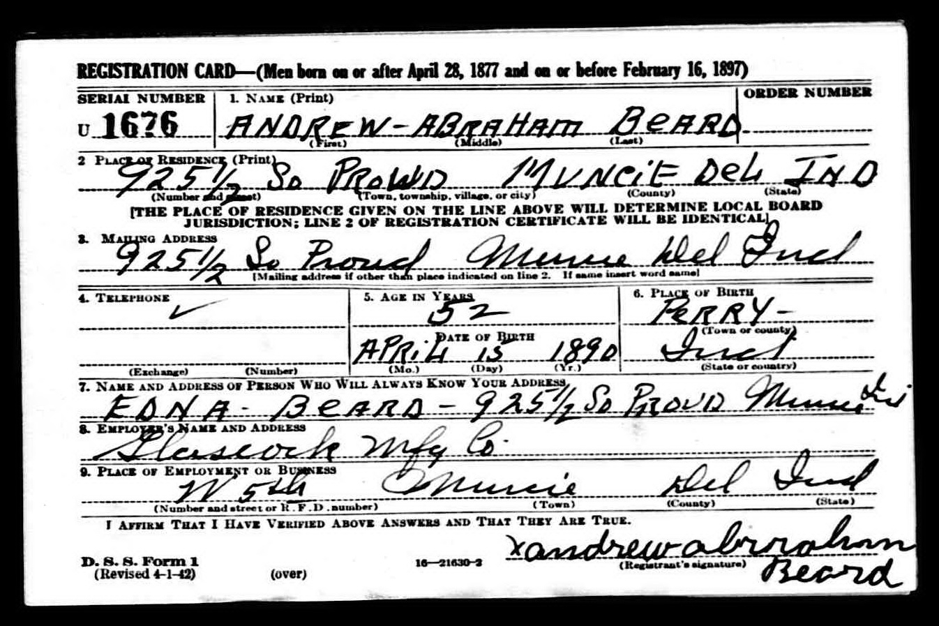 Andrew Abraham Beard WW2 draft registration card (front) (3542 KB) 27 April 1942 Andrew Abraham Beard, b. 15 April 1890 — WW2 draft registration card (front) (Click on Picture to View Full Size) picture