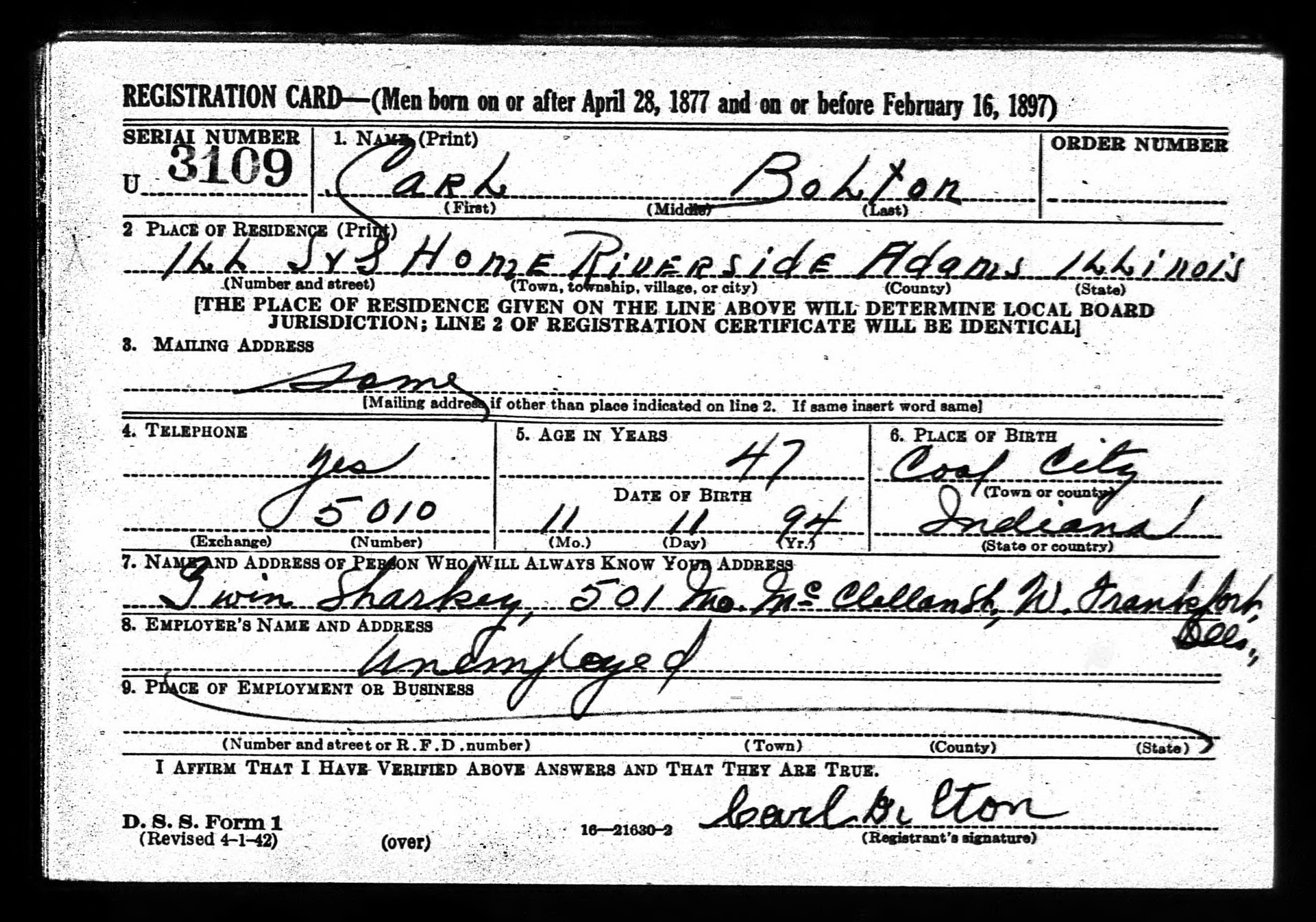 Carl Bolton WW2 draft registration card (front) (4002 KB) 27 April 1942 Carl Bolton, b. 11 Nov 1894 — WW2 draft registration card (front) (Click on Picture to View Full Size) picture