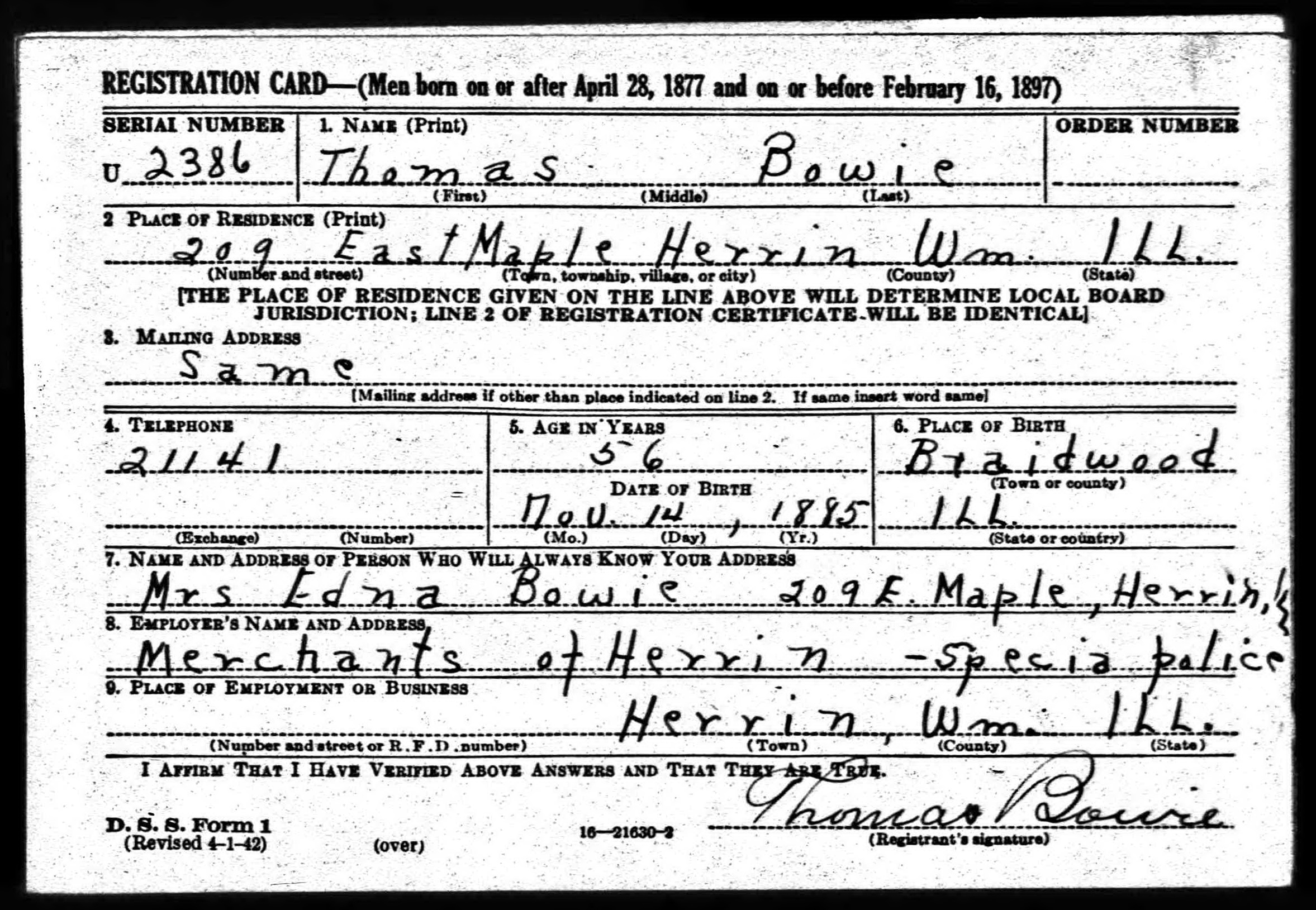 Thomas Bowie WW2 draft registration card (front) (11253 KB) 27 April 1942 Thomas Bowie, b. 14 Nov 1885 — WW2 draft registration card (front) (Click on Picture to View Full Size) picture