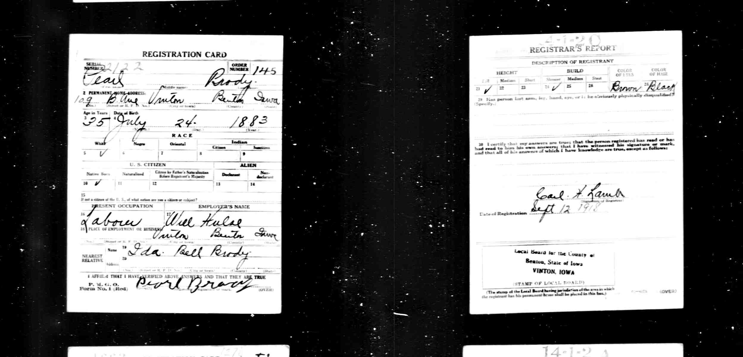 draft card (Pearl Brody) (8775 KB) 1918 Pearl Brody — WWI draft registration card (Click on Picture to View Full Size) picture